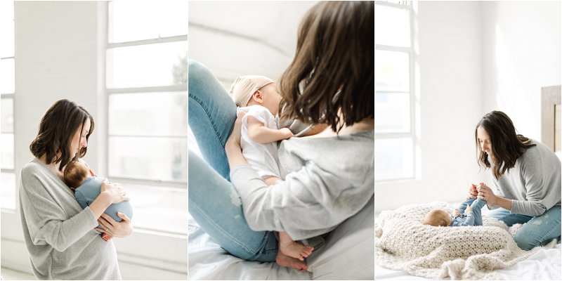 3 image sequence of baby boy snuggling against Mother's chest, middle image shows mother breastfeeding her newborn son.  Third image shows mother smiling at her son while holding his feet.