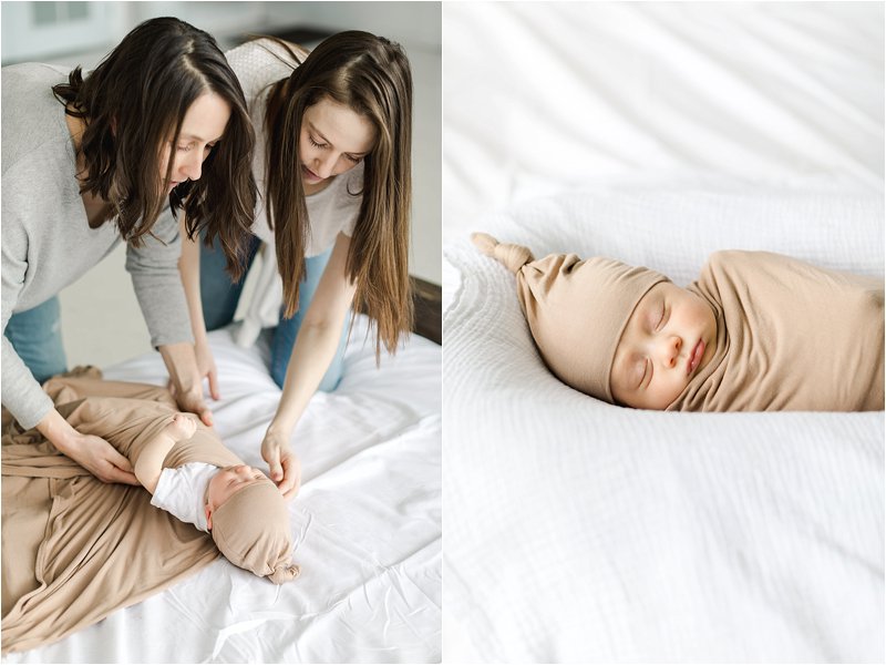 Image on the left shows lesbian couple as they swaddle their newborn son during their lifestyle newborn photos.  Image on the left shows baby boy asleep in tan swaddle and hat.
