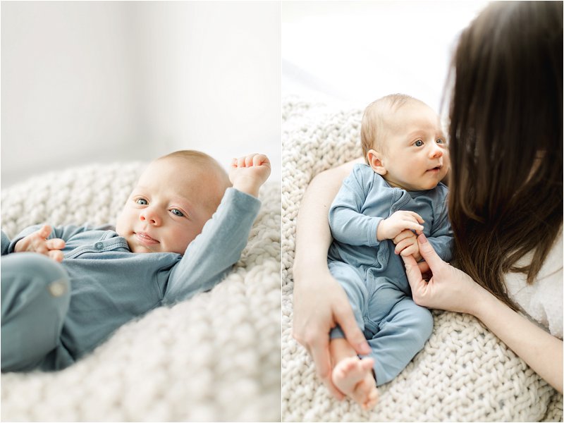 Image on the left shows baby boy wearing blue onesie stretches while lying on a crocheted blanket.  Image on the right shows mother snuggling with her baby boy as he holds her hand and looks up at her.