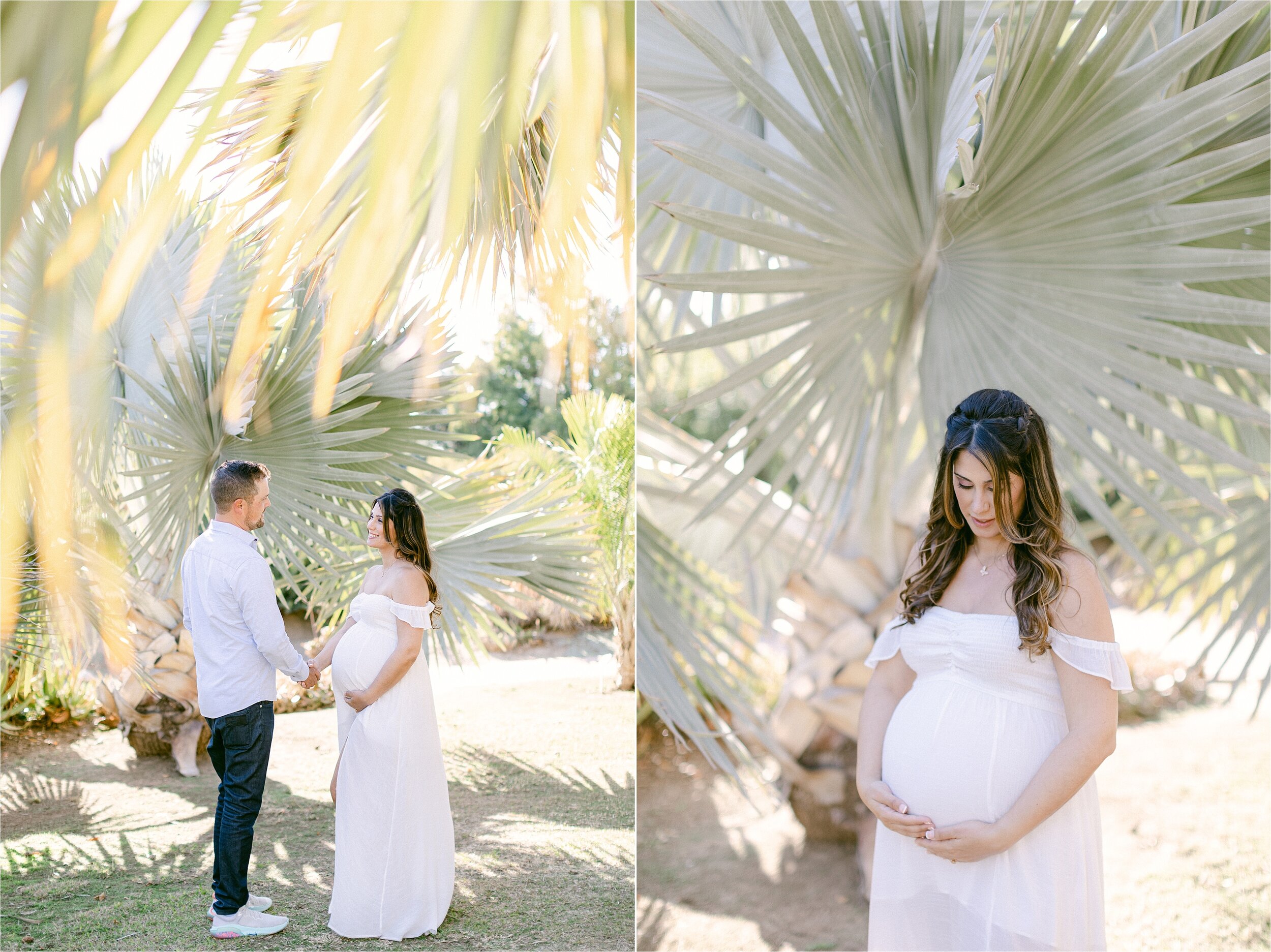 Expectant parents celebrate the anticipated arrival of their baby girl during their maternity photo session in the palm tree grove at the LA Arboretum.