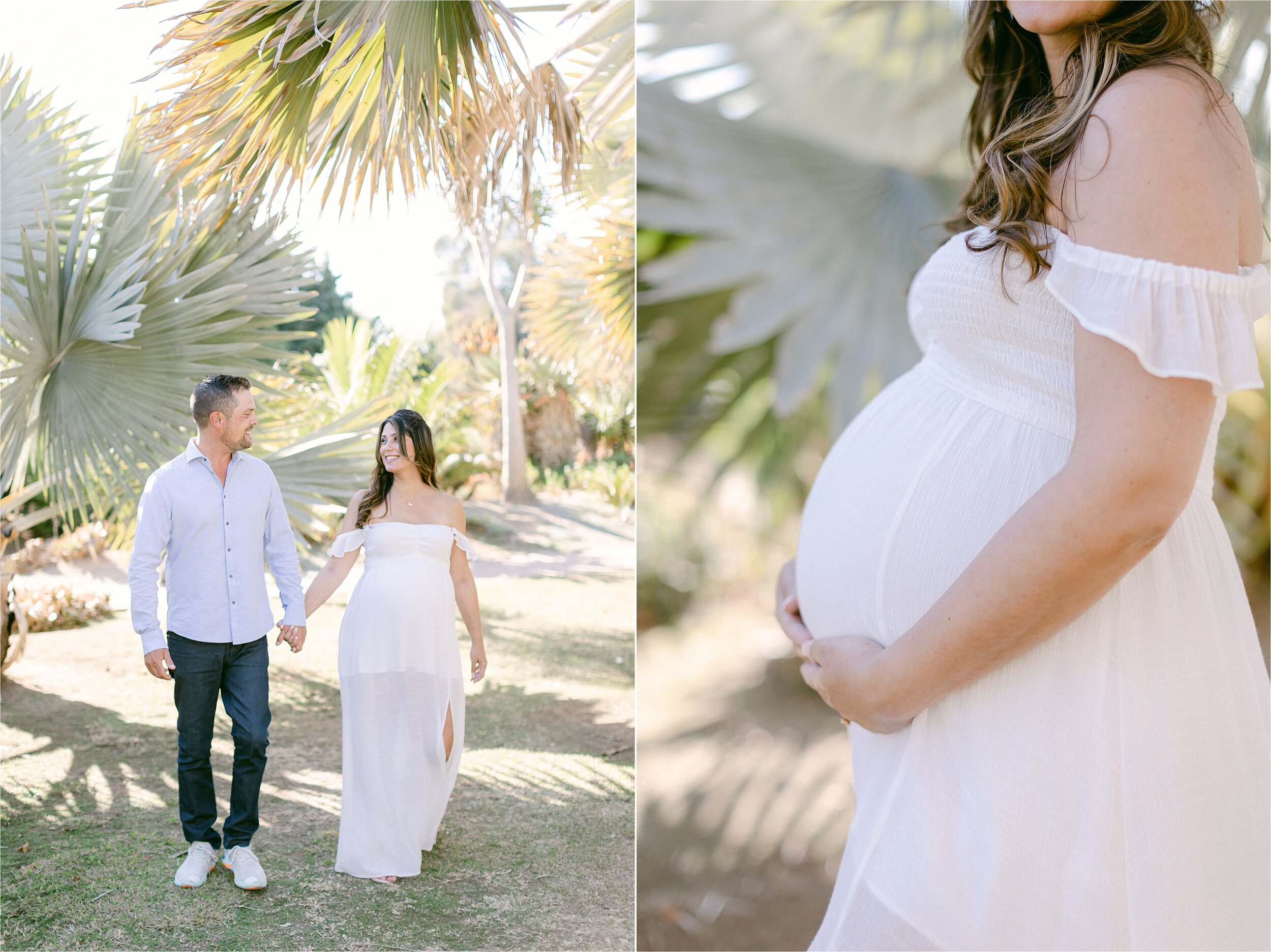 Palm Springs pregnancy photos of a brunette woman wearing a flowy white dress while holding hands with her husband, who is wearing jeans and a pale blue button down.