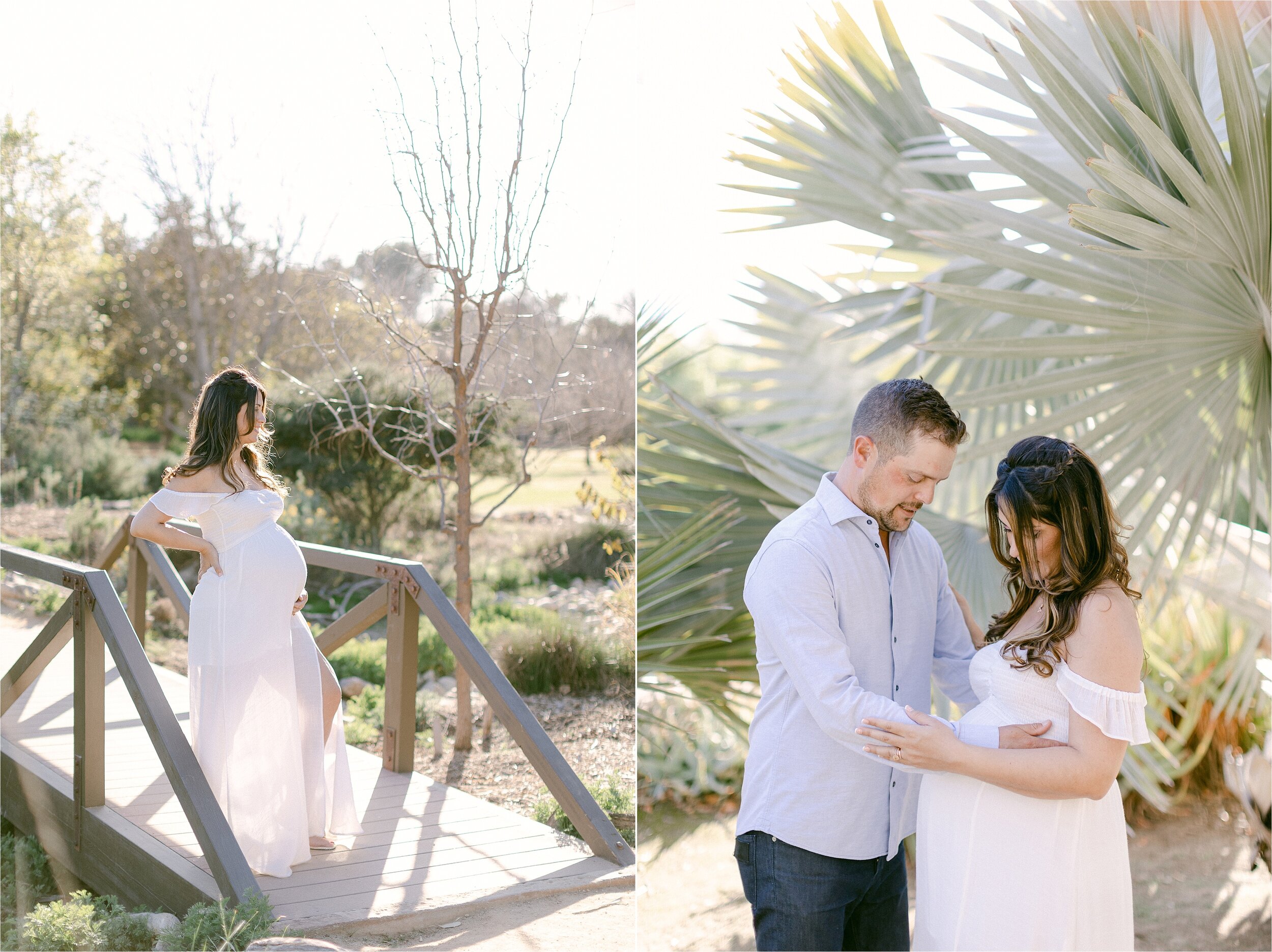 Springtime maternity photos show expectant mother with mid-length brunette hair holding belly while surrounded by a beautiful natural light glow. 