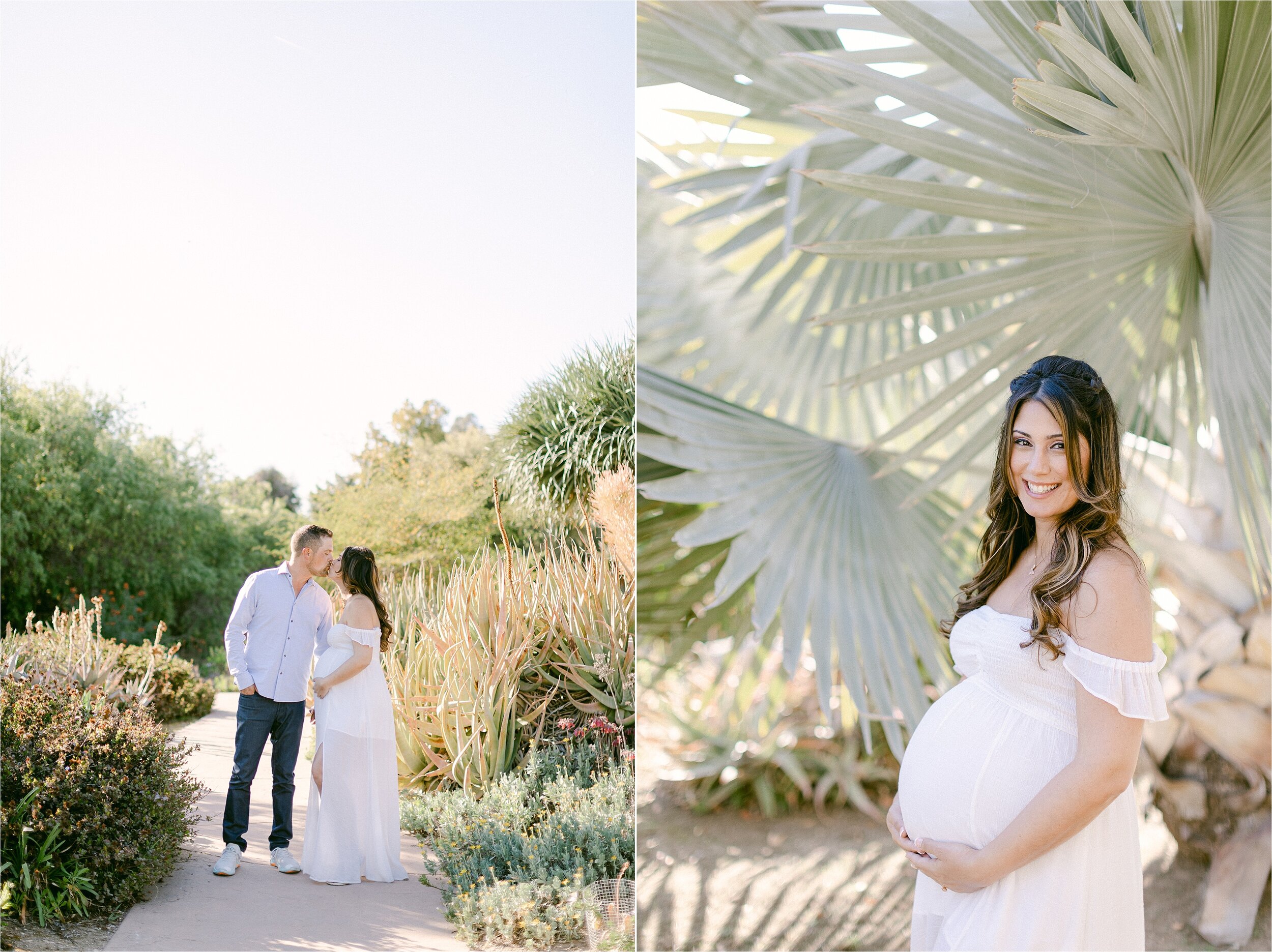 Expectant parents kiss as wife holds belly while taking maternity photos in a Los Angeles garden.