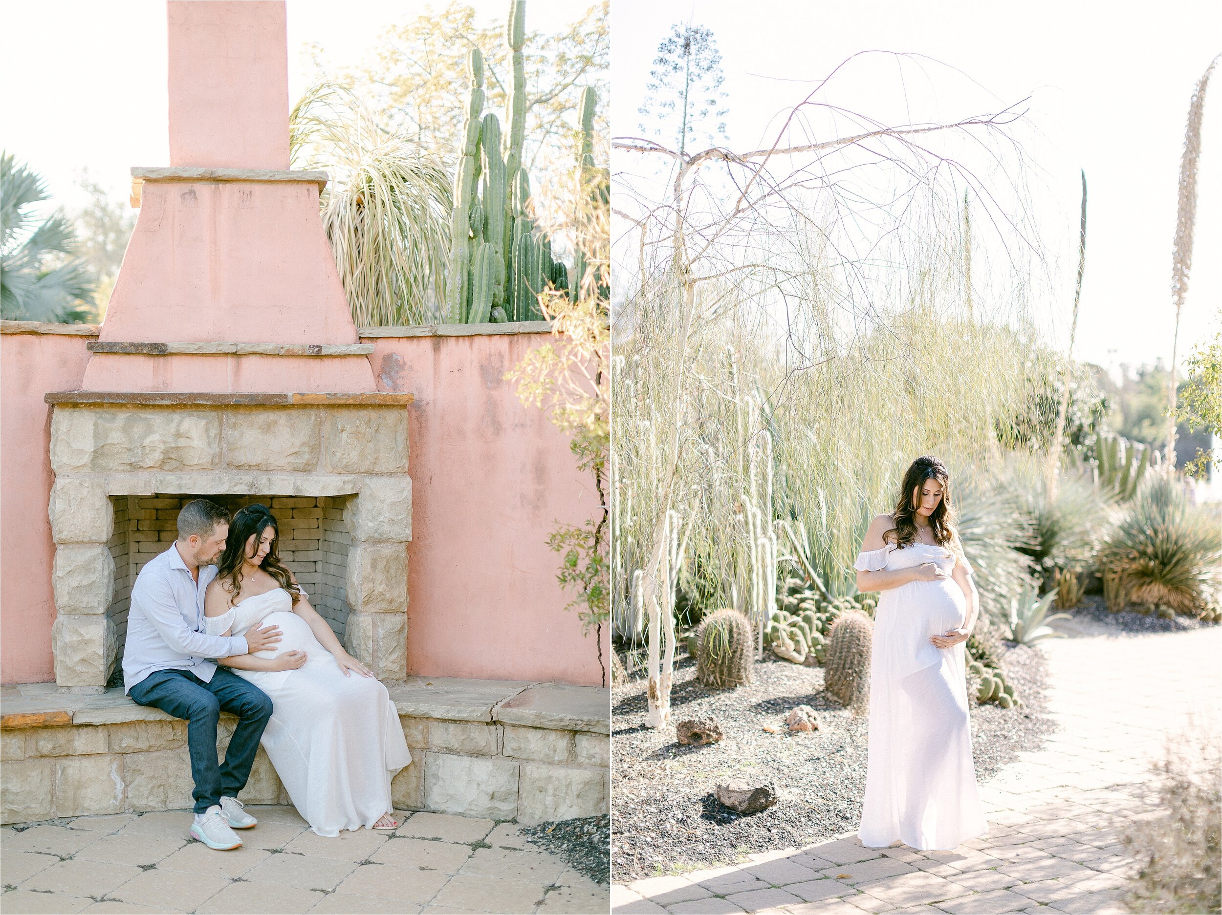 A husband and wife sit on the hearth of a terracotta fireplace during their desert inspired maternity photos taken at the LA Arboretum.