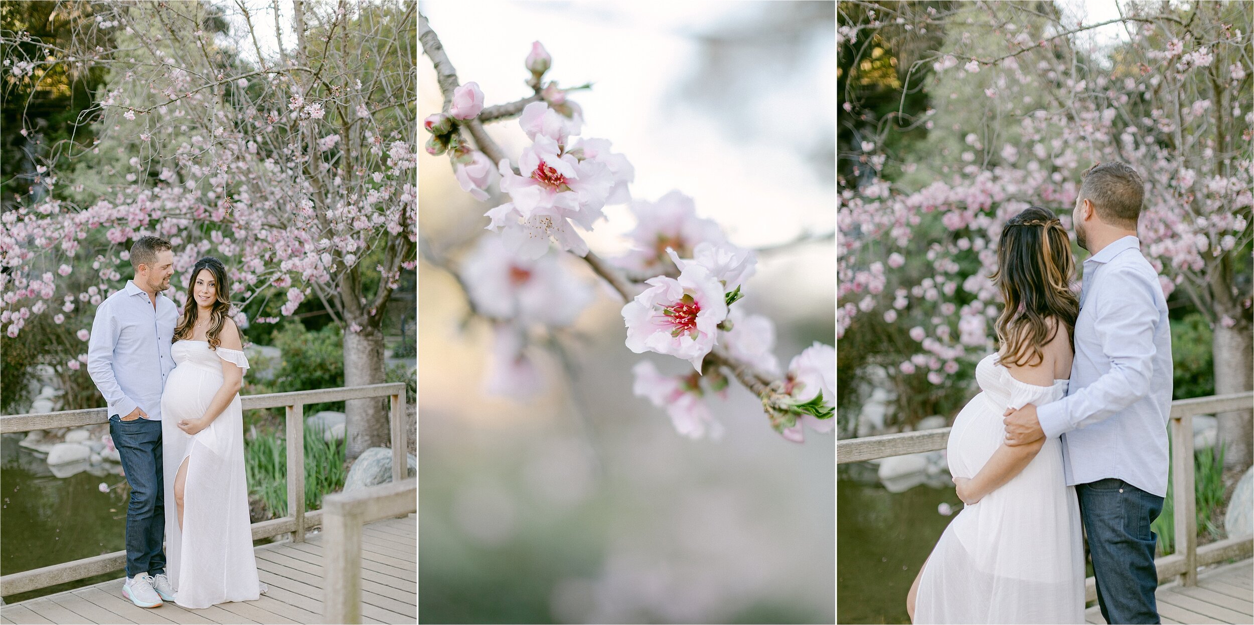 Husband and wife embrace under cherry blossom trees during their Los Angeles maternity photo shoot