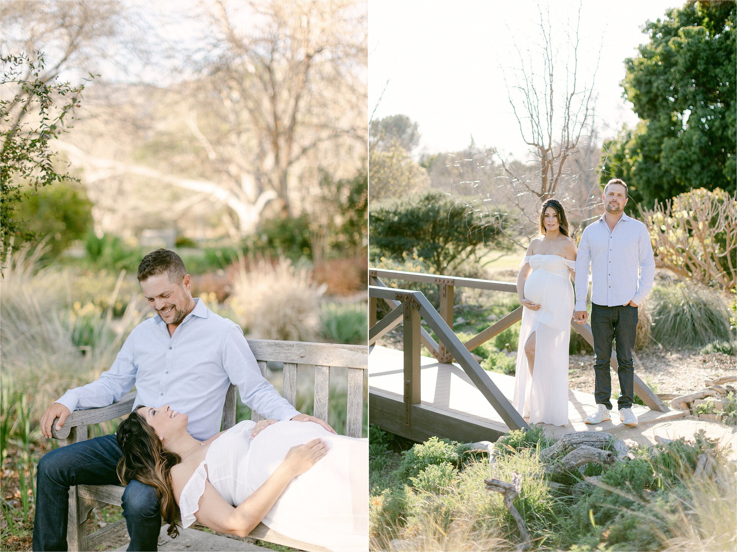 Husband sits on wooden bench while wife lays her head on his lap during their maternity photos at the LA Arboretum