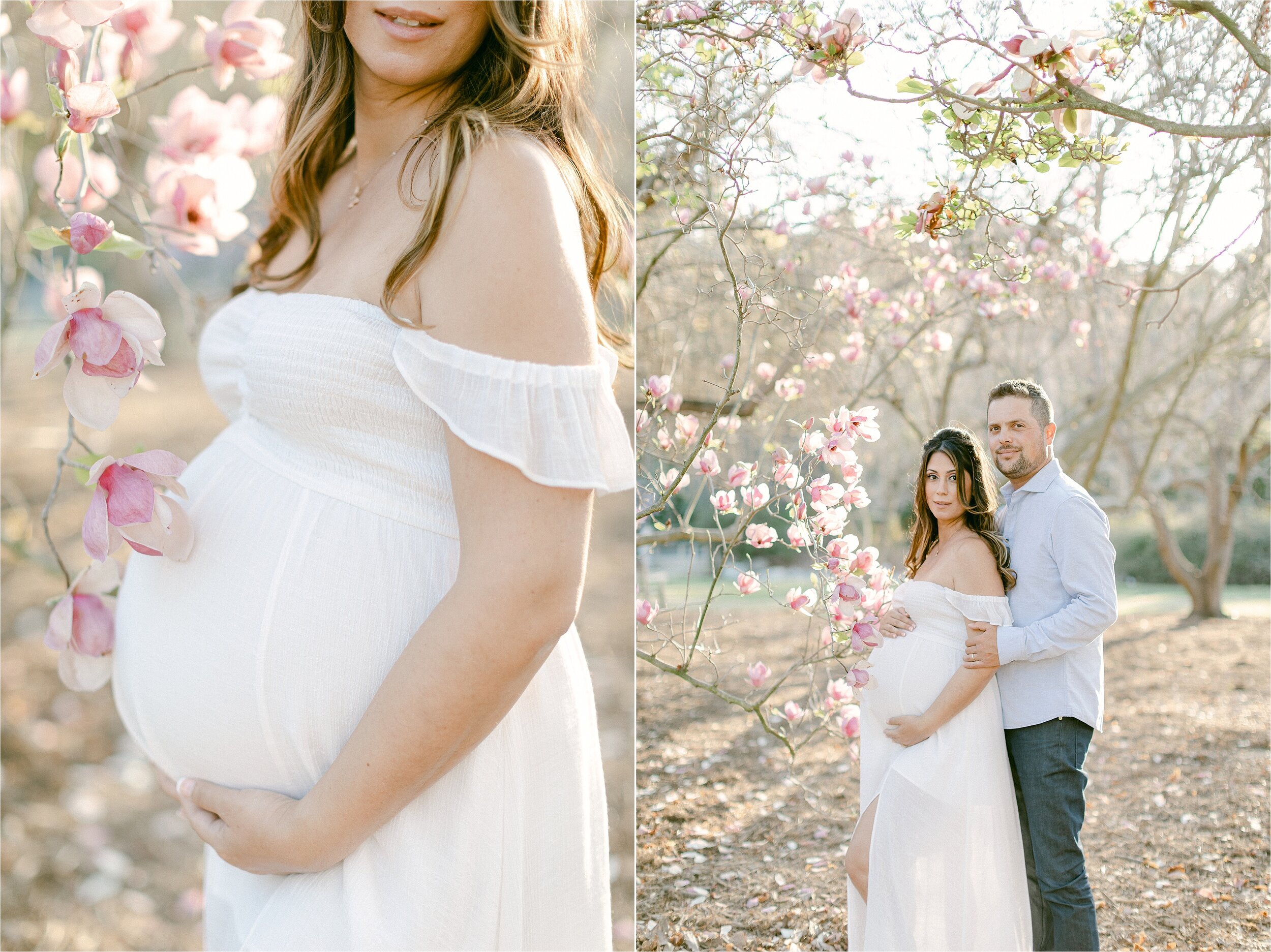 Expectant mother holds her belly as her husband embraces her while taking maternity photos.