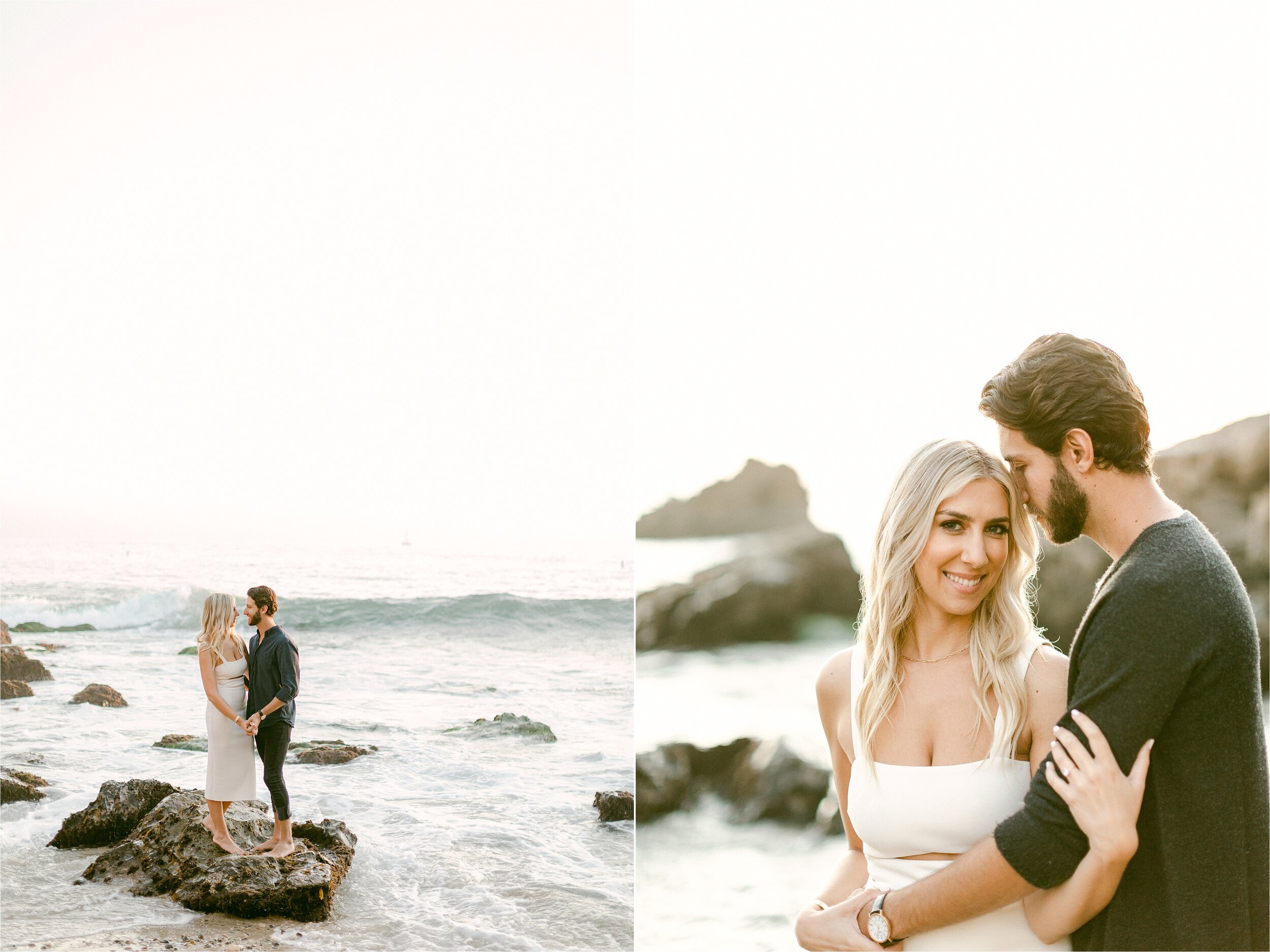 Sunset beach engagement session showcases poses for engagement photos as fiances stand on rock as the waves surround them.