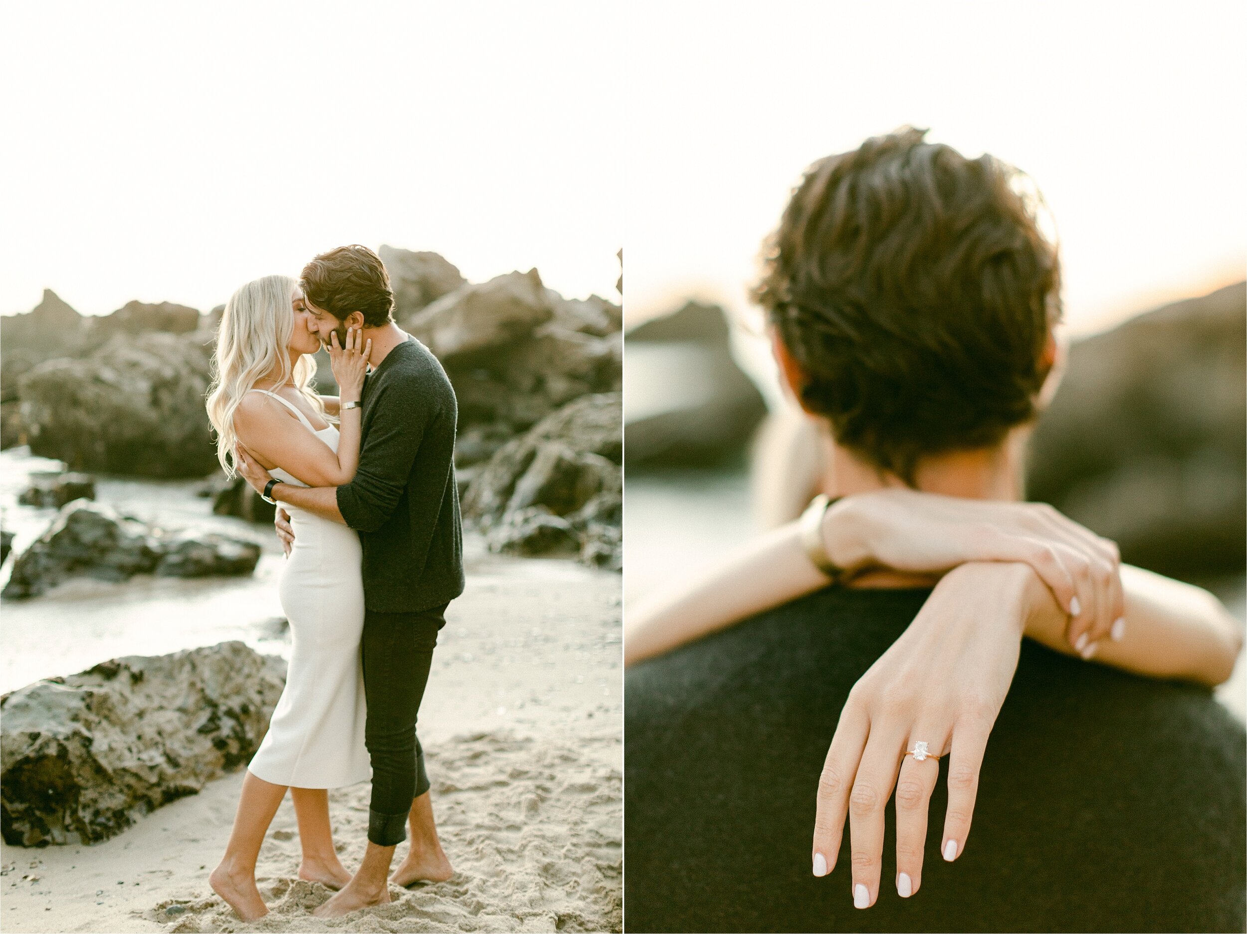 Poses for engagement photos. Sunset session as blonde female in white body-con tank dress kisses her brunette fiance who is wearing a grey sweater and black cuffed jeans 
