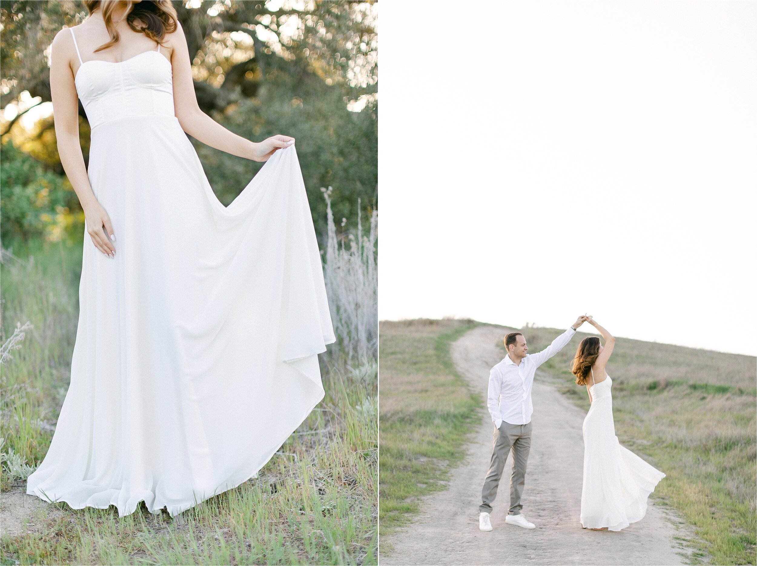 Fiance twirls while taking their engagement photos in Orange County, CA.  Her white chiffon gown delicately floats with her movement.