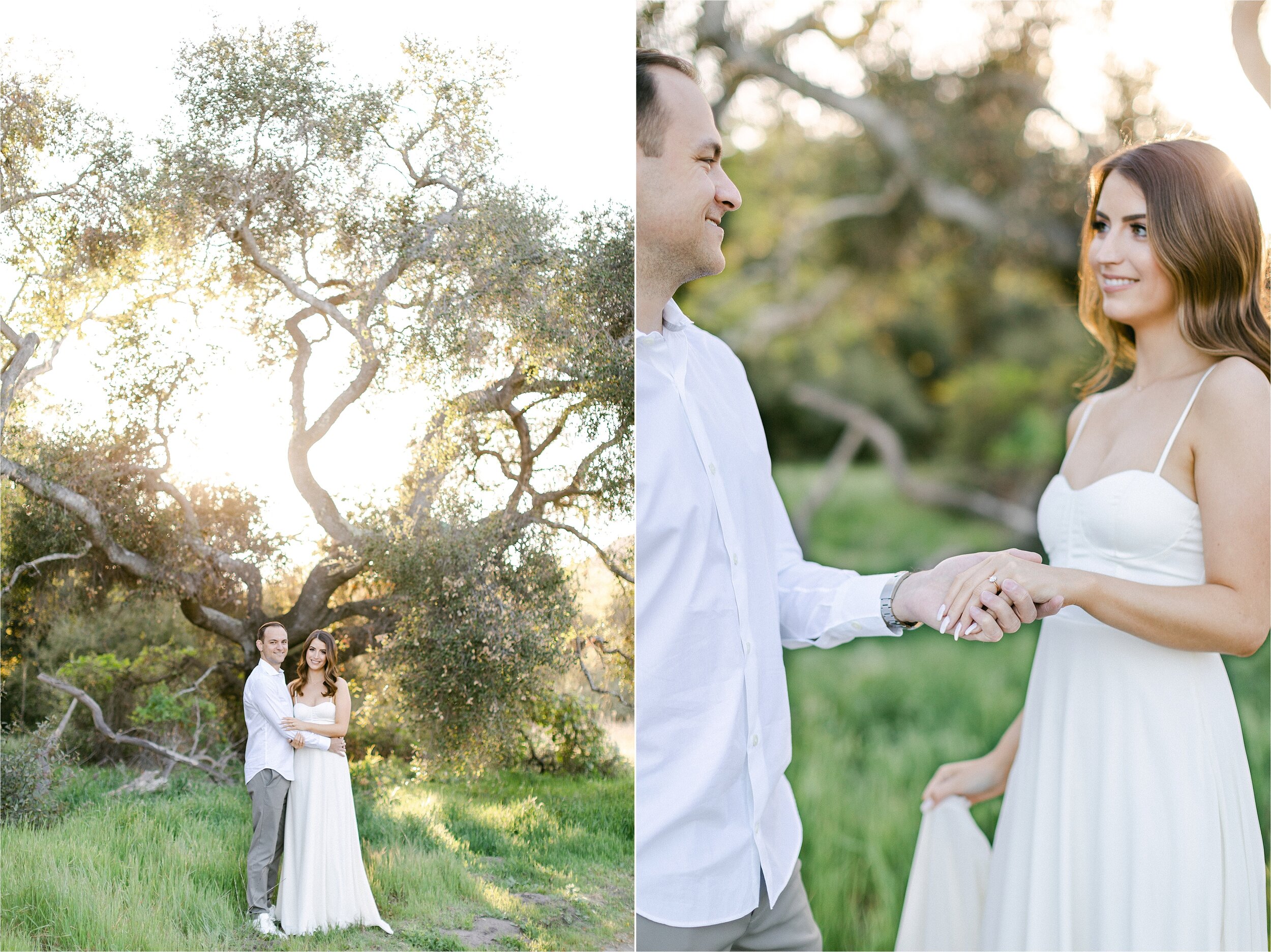 Natural Light Engagement Photos in Orange County, CA.  Male is wearing a white button down and grey pants, while the female is wearing a white, full length, spaghetti strap chiffon gown.