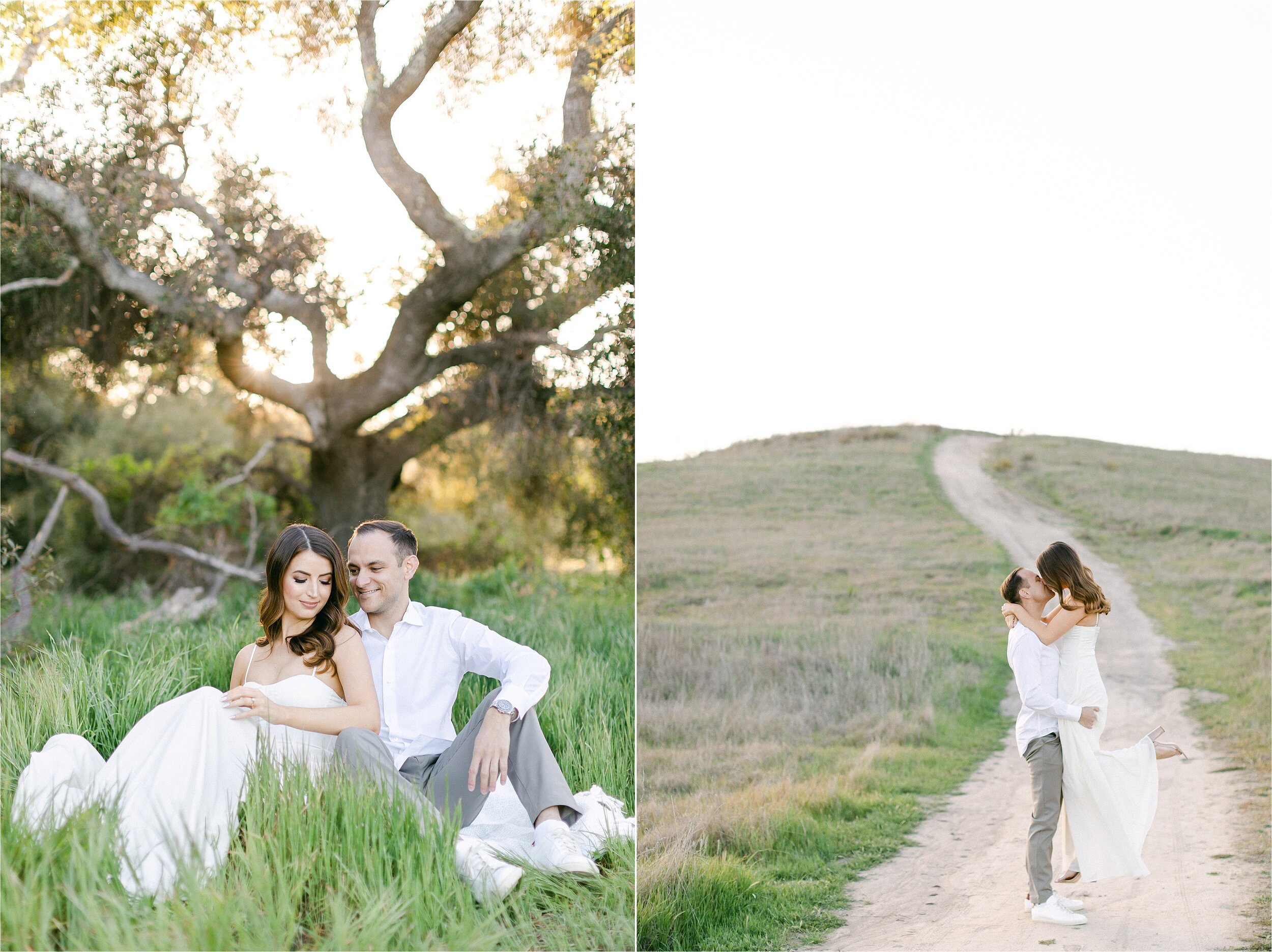 A man wearing grey pants and a white button down sweeps his fiance off her feet and kisses her while taking their engagement photos in Orange County, CA.