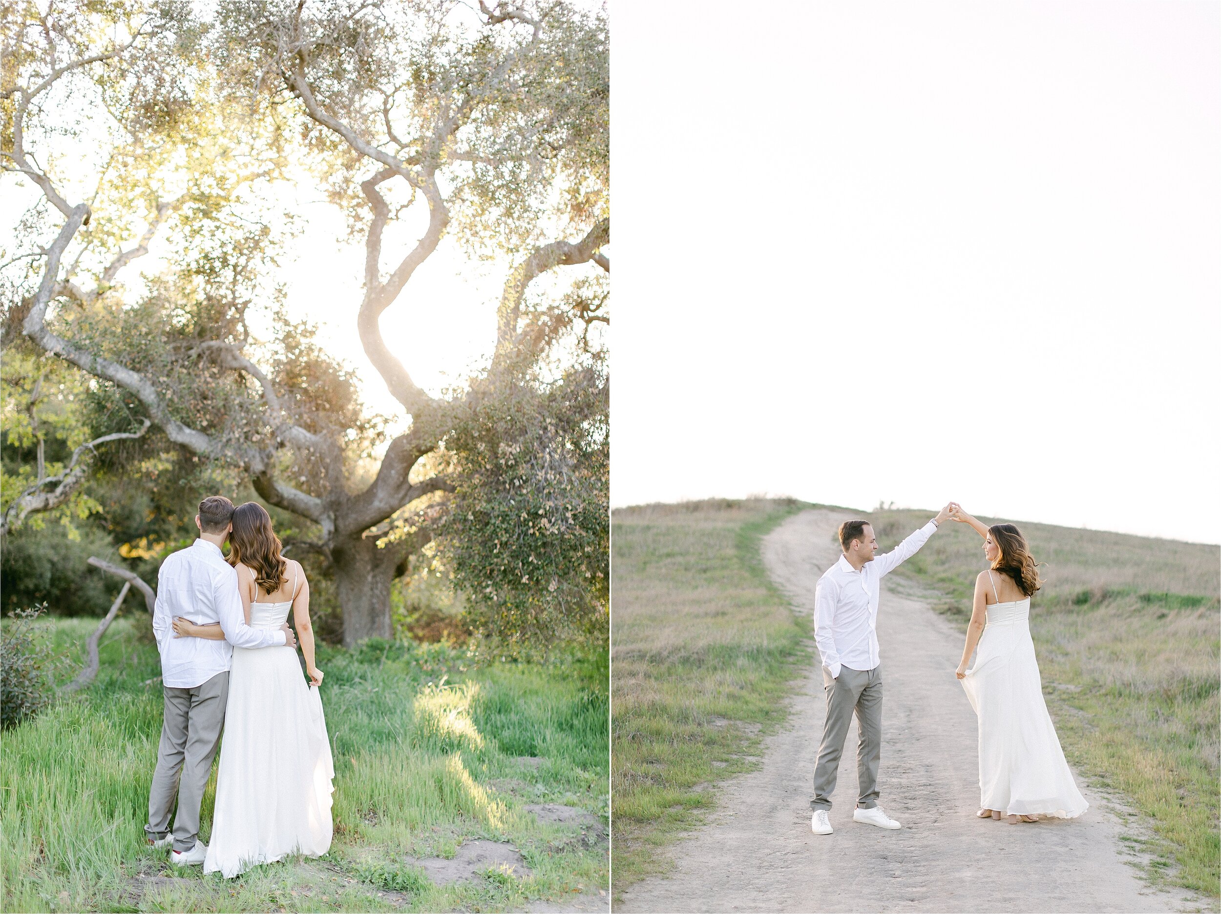 Bride and Groom-to-be hug under large oak tree during their engagement photos in Orange County, CA.