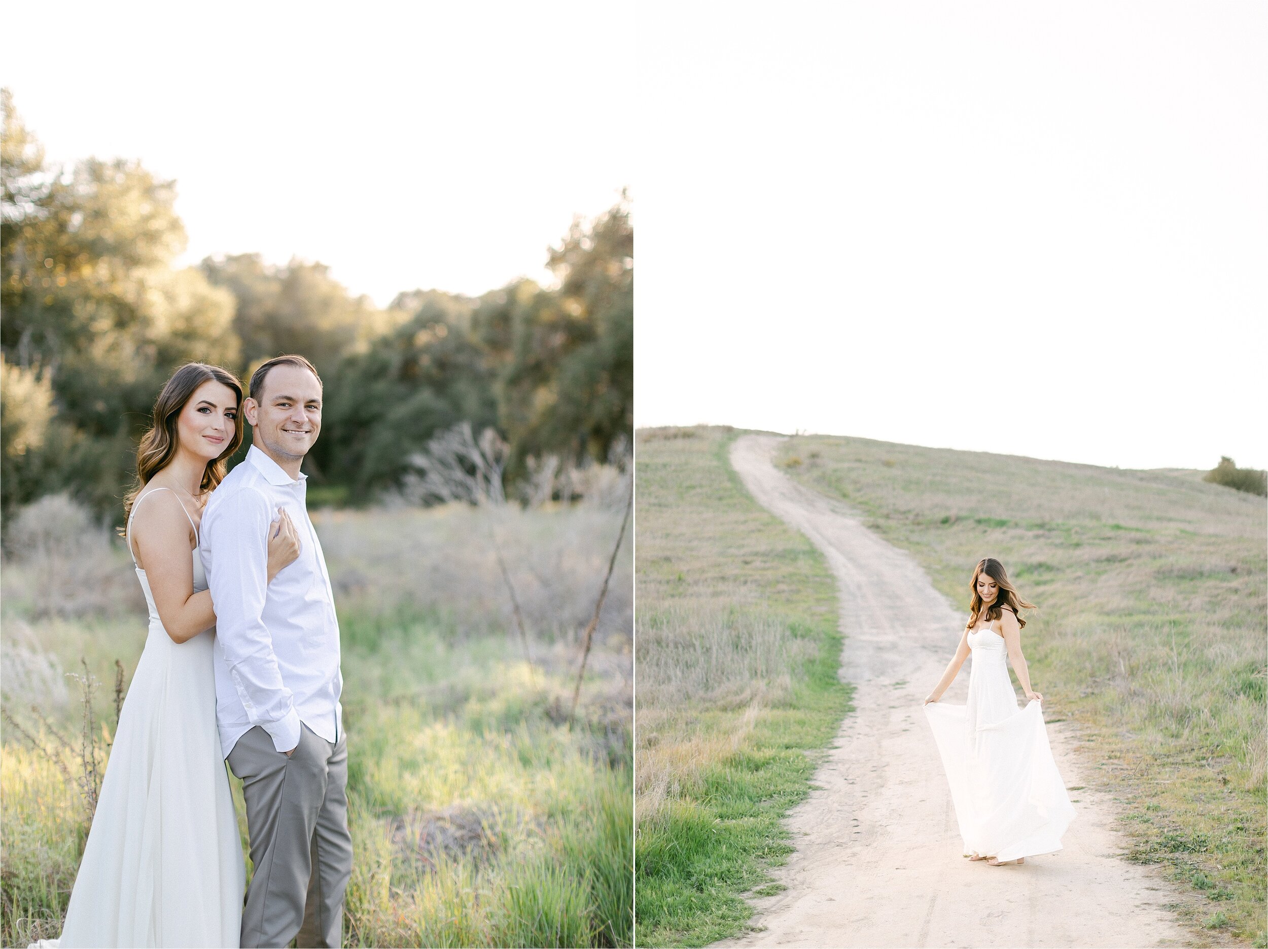 Bride-to-be, wearing a white flowy dress, snuggles into her fiance who is wearing grey pants and a white button down while taking their Orange County engagement photos.
