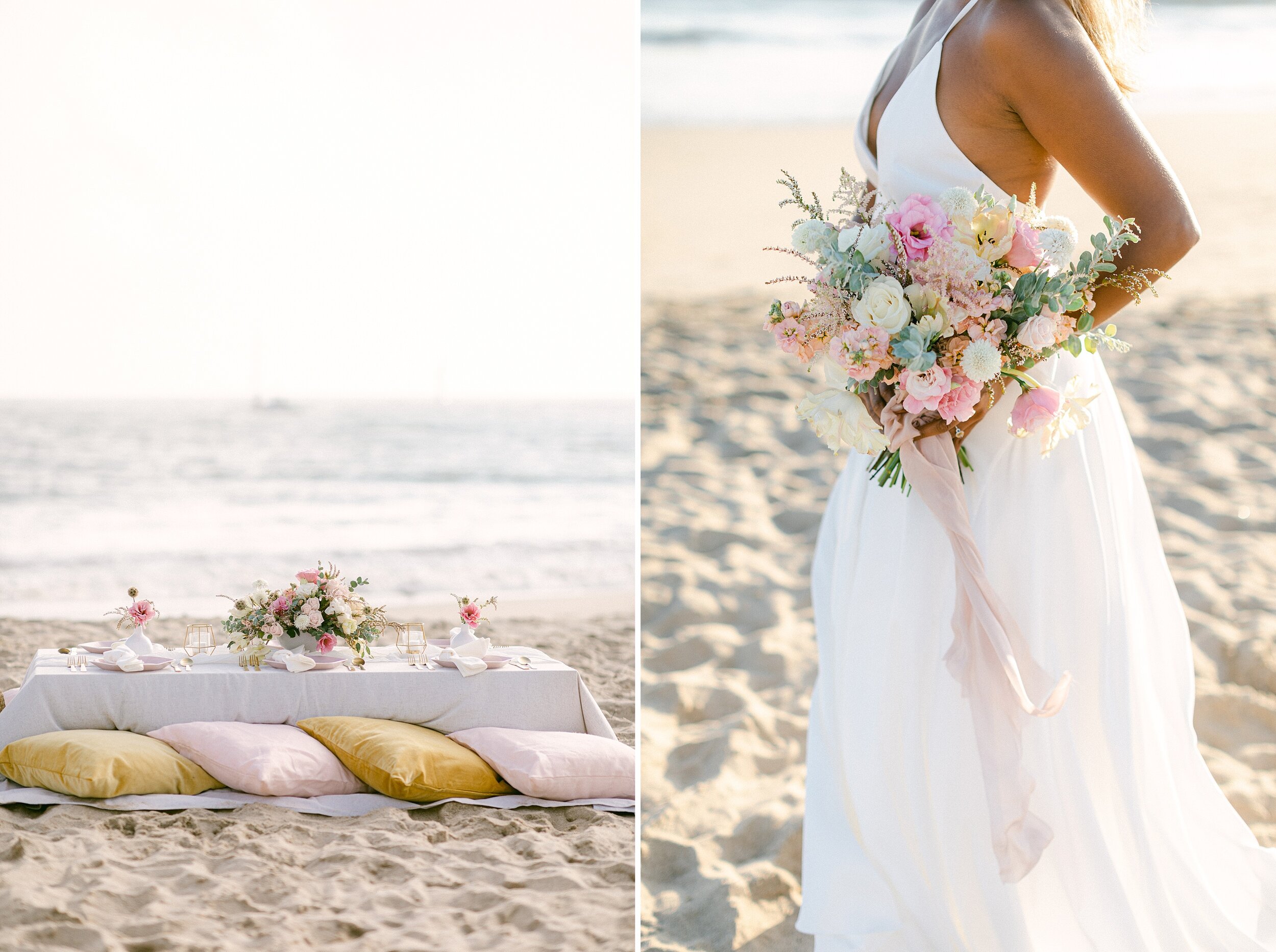  Images on the right show the bride of color wearing a white spaghetti strap and v-neck gown while holding a bouquet of pink and white flowers at her hip.  Images on the left show al fresco beachside picnic with blush and mustard pillows for seating, cream linen table cloth and pink and white centerpiece.