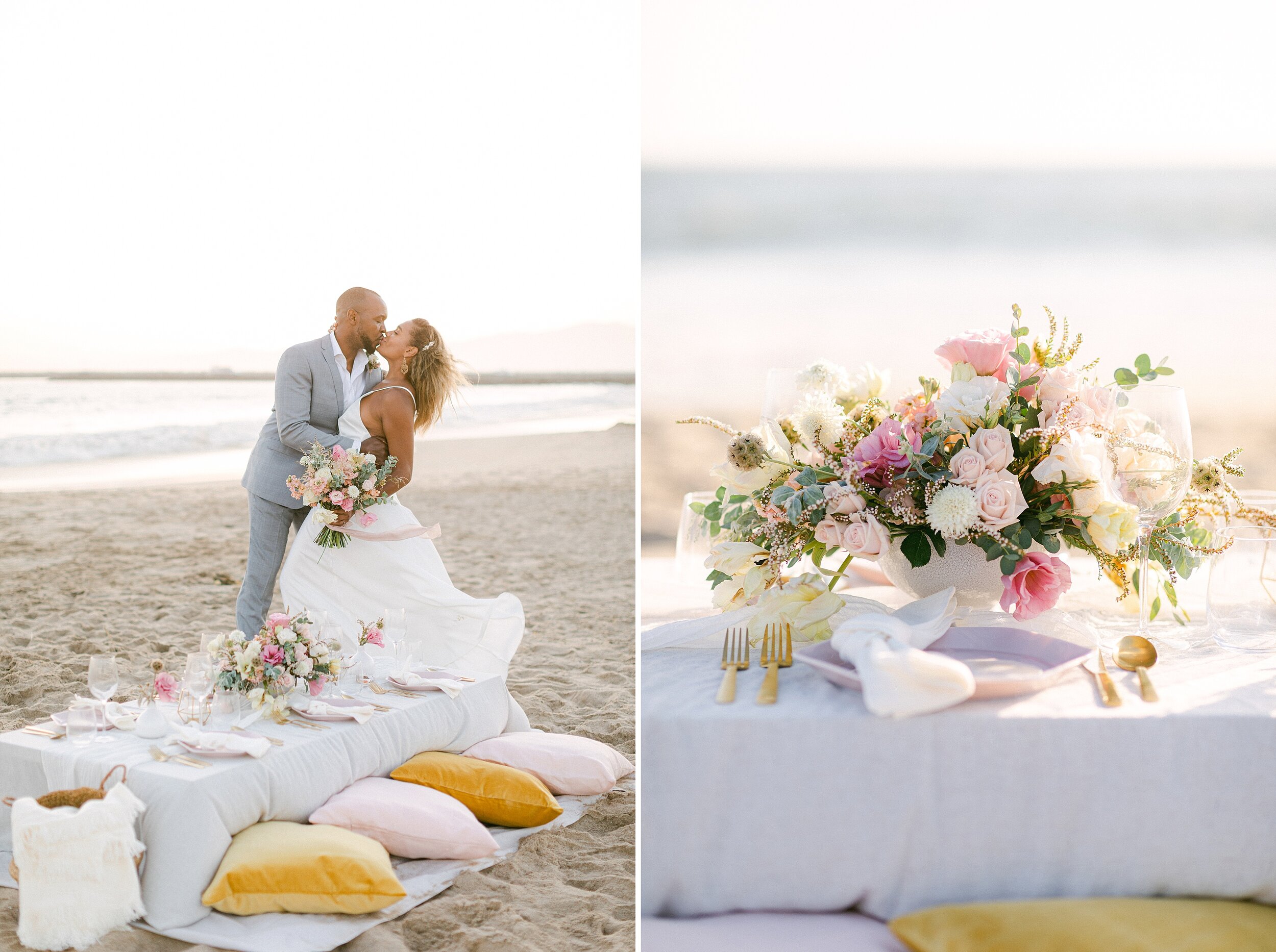 Bride and groom kiss, following their summertime beach elopement in Marina Del Rey, CA.