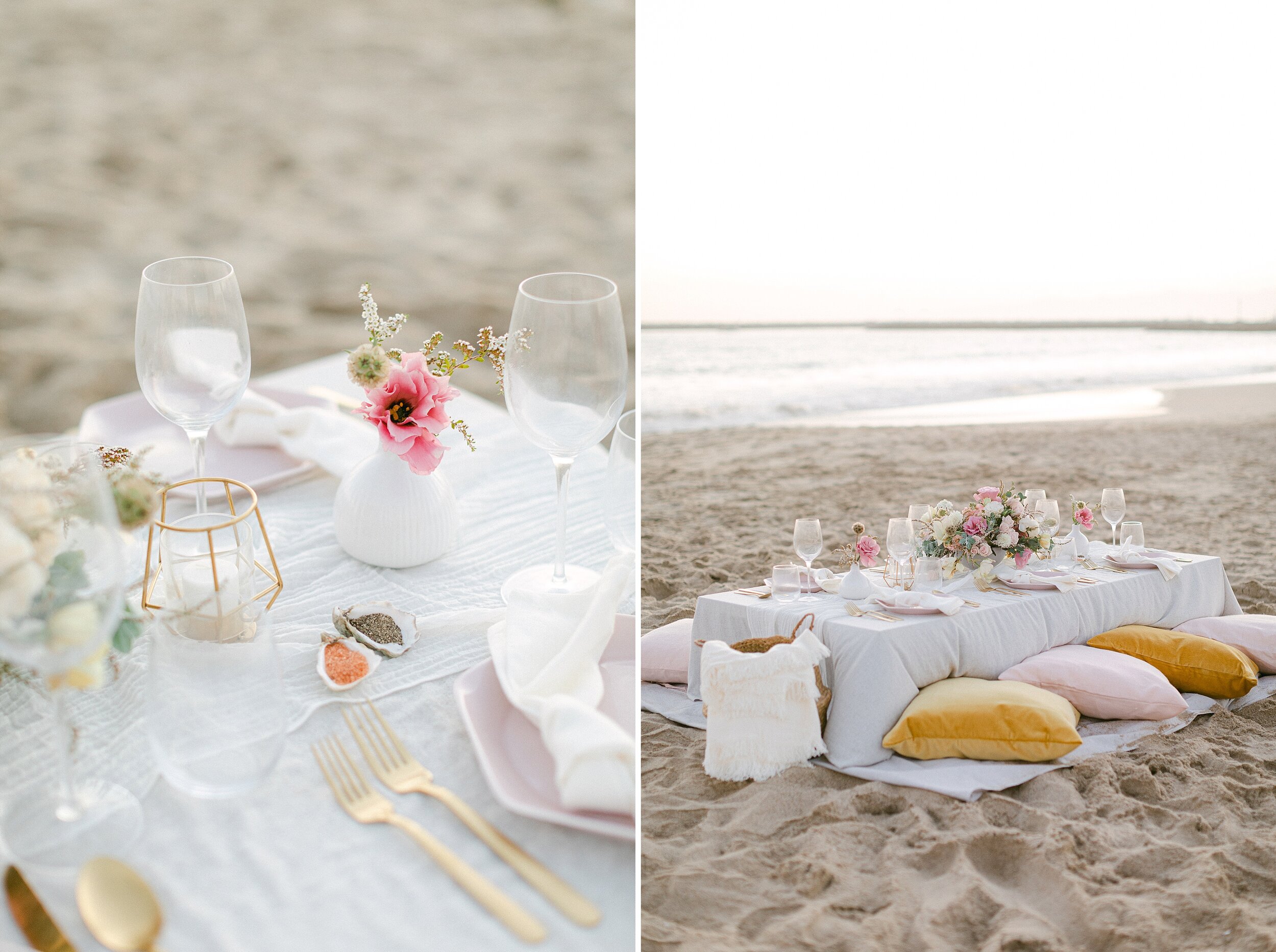 Elevated beach elopement picnic featuring seashell salt and pepper vessels, gold flatware, gold geometric candle holders and white bud vases.