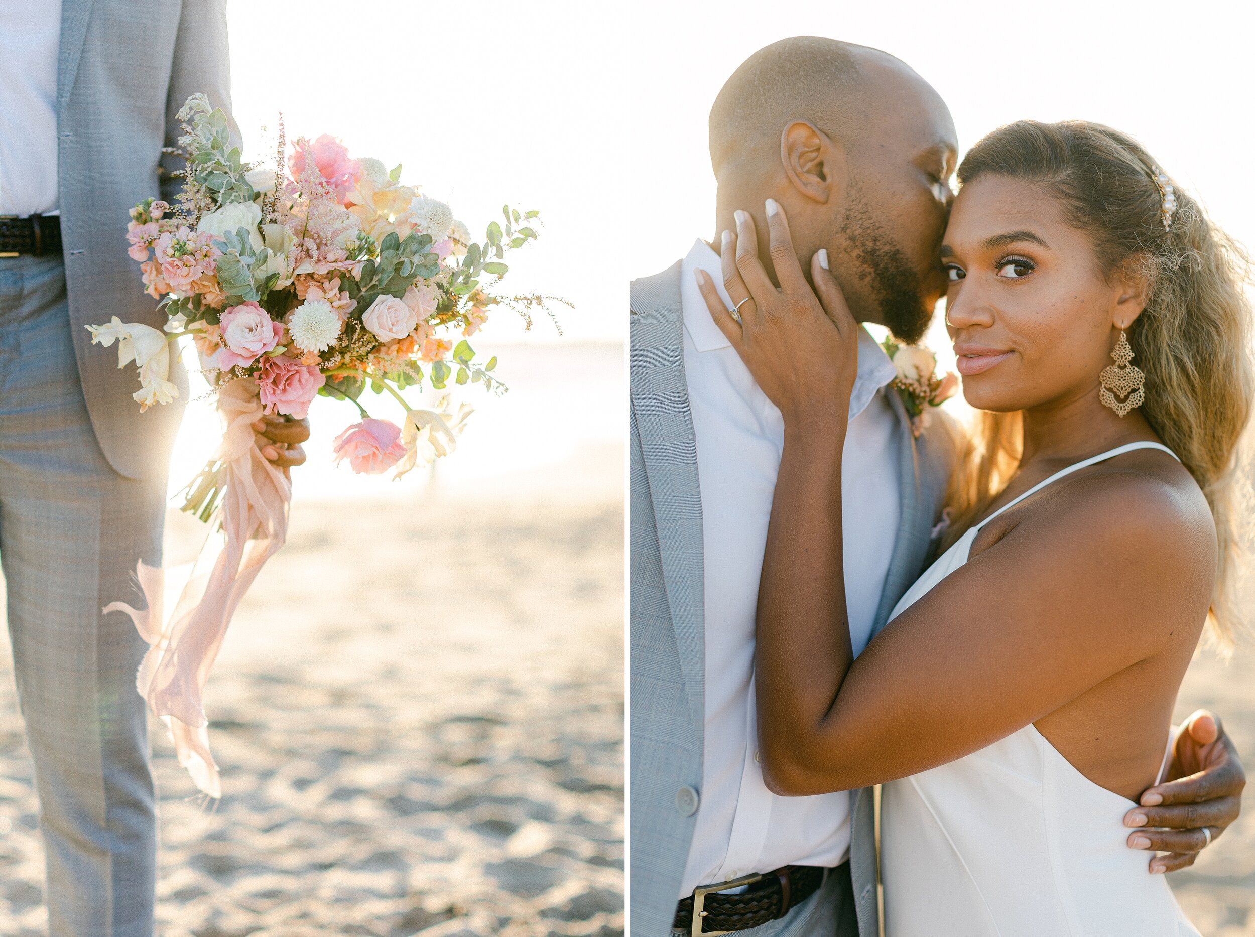 Bride demonstrates how to pose for wedding photos by looking to camera as groom kisses her temple following their Marina Del Rey beach elopement.