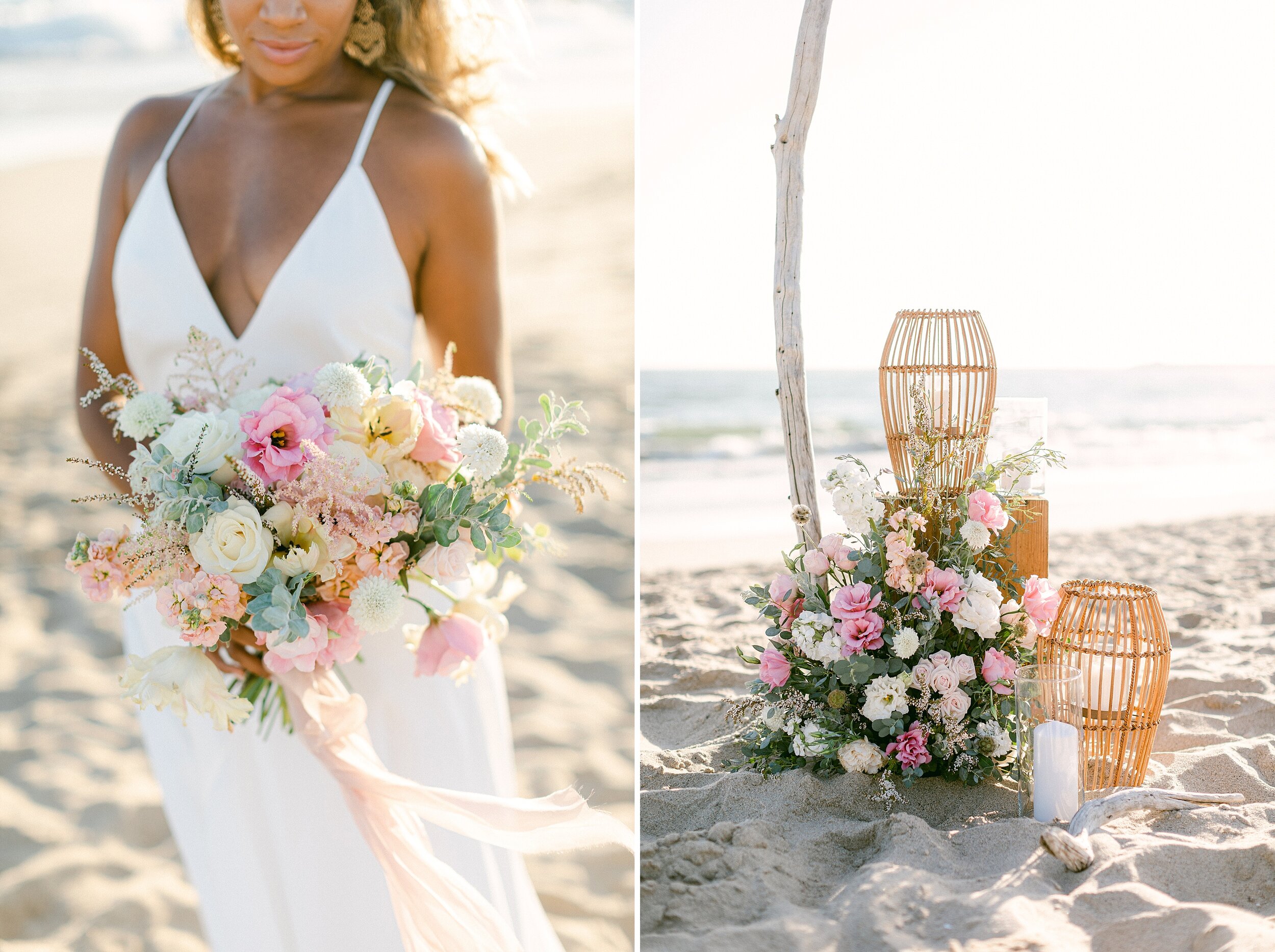 Bride is pictured holding a beautiful springtime bouquet of white, pink and blush florals with eucalyptus greenery.  