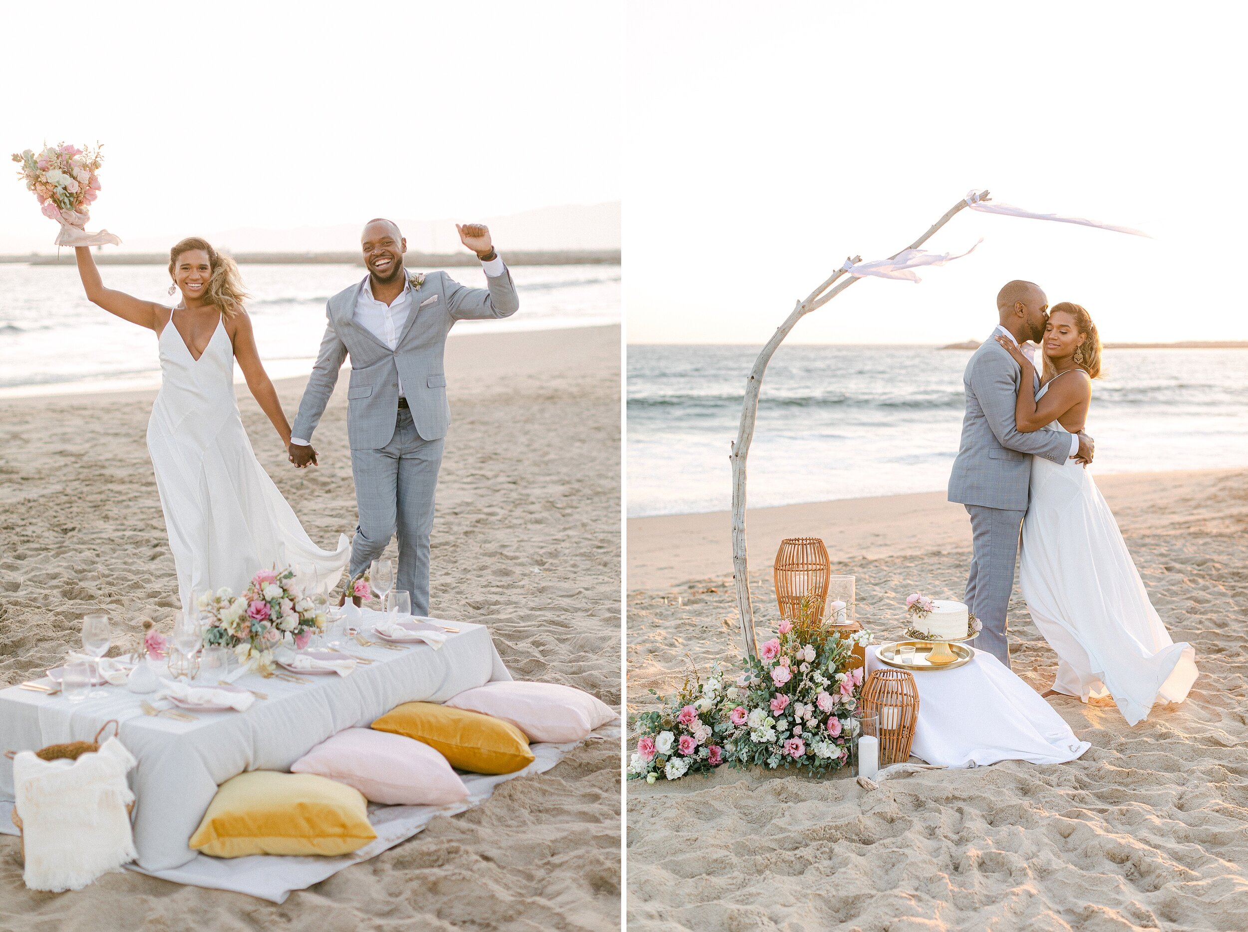 Bride and groom of color cheer following their romantic beach elopement under a driftwood arch in Marina Del Rey, CA.
