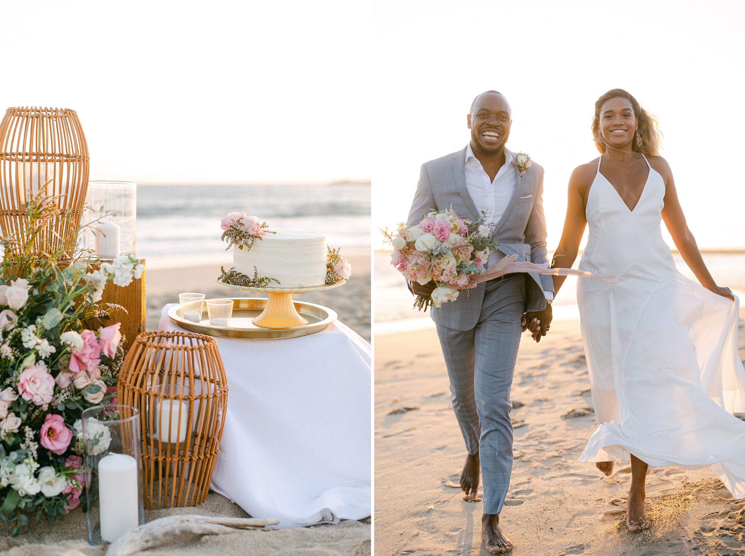 Bride and groom celebrate by holding hands and running off into the sunset following their dreamy beach elopement