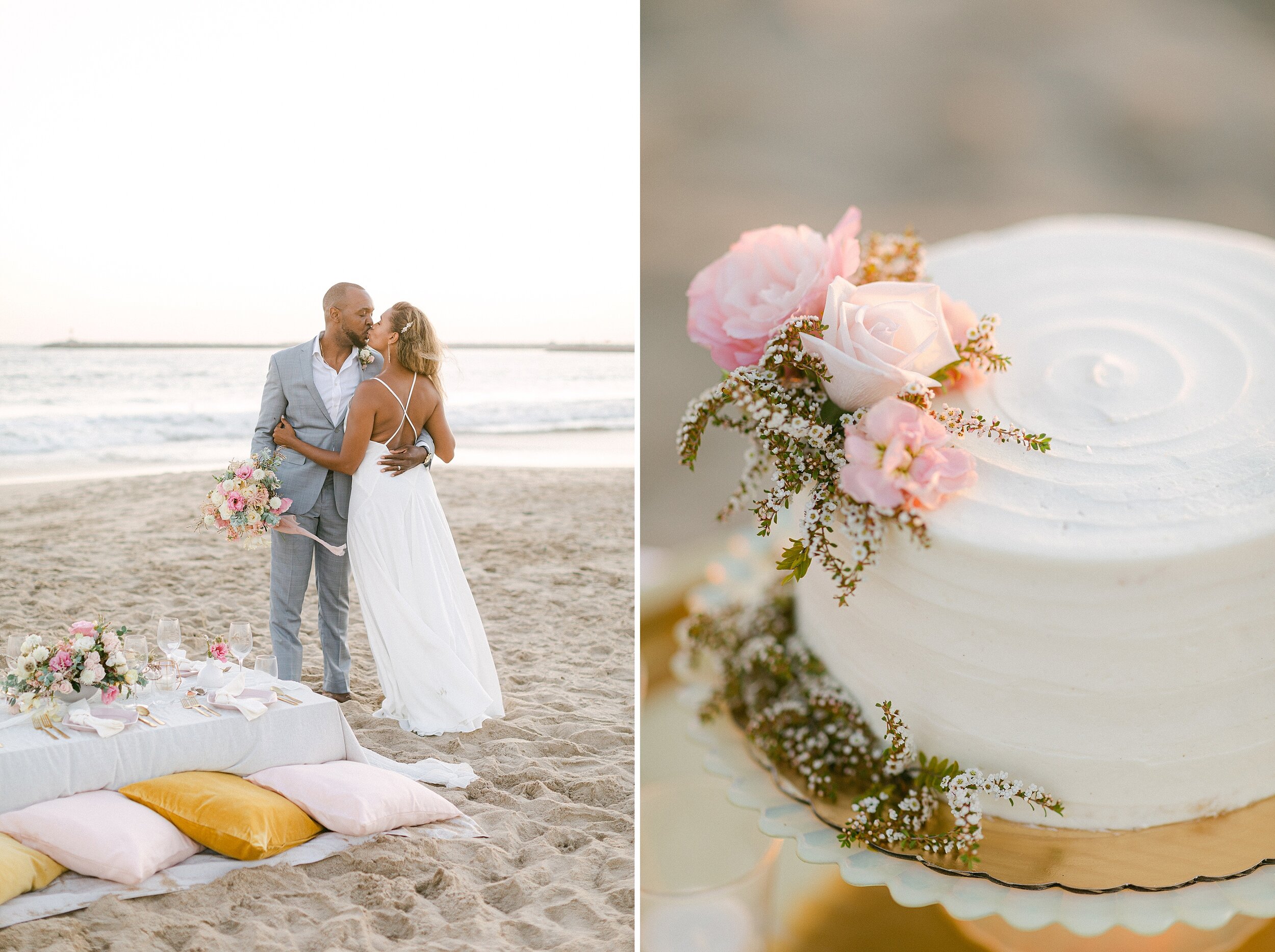 Bride and groom kiss near their intimate beachside reception following their elopement.  Groom is facing towards the camera while the bride faces towards her groom, showcasing the back of her wedding gown.