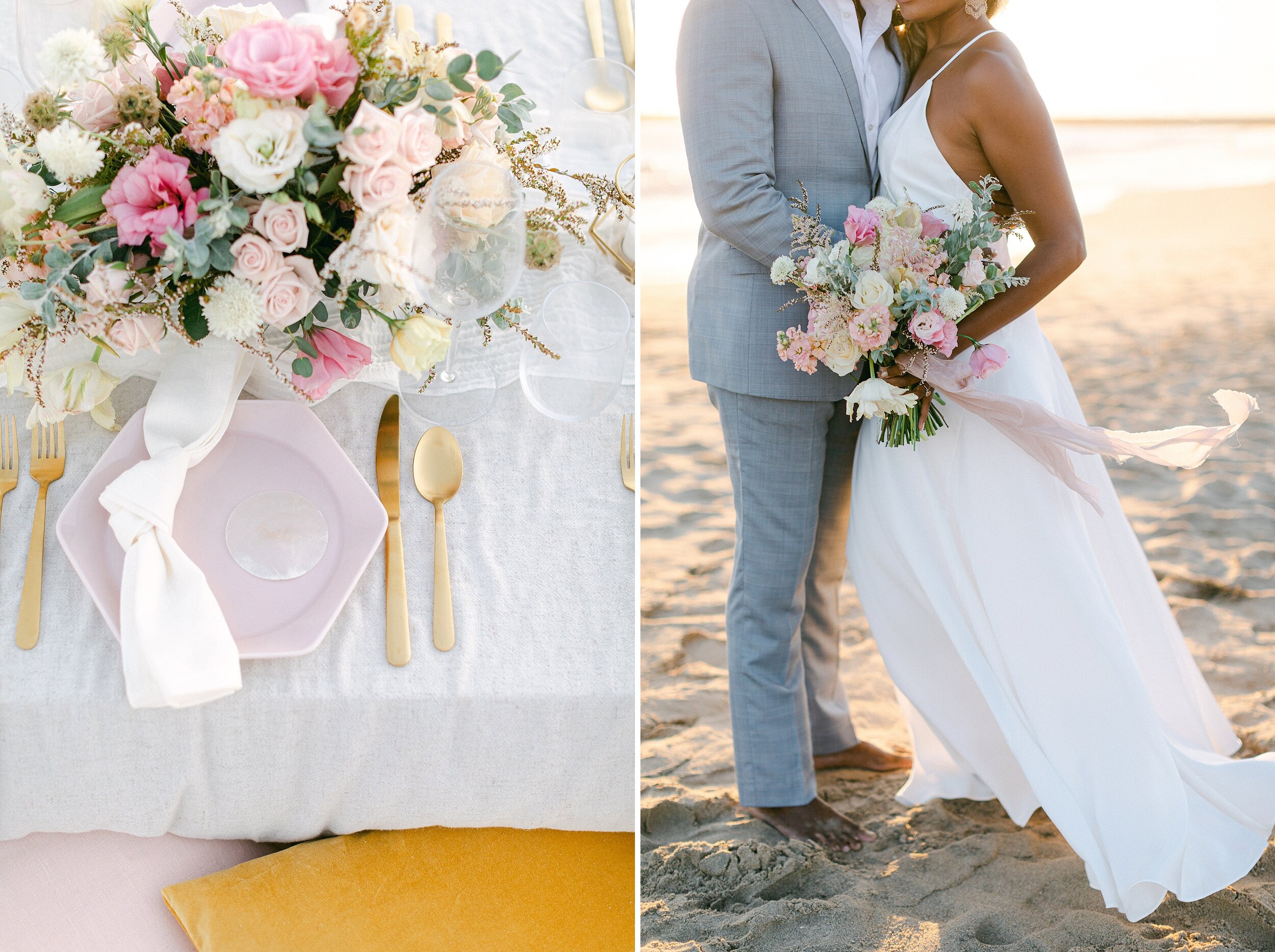Bride and groom pose for golden hour wedding photos on the beach following their intimate Springtime elopement.
