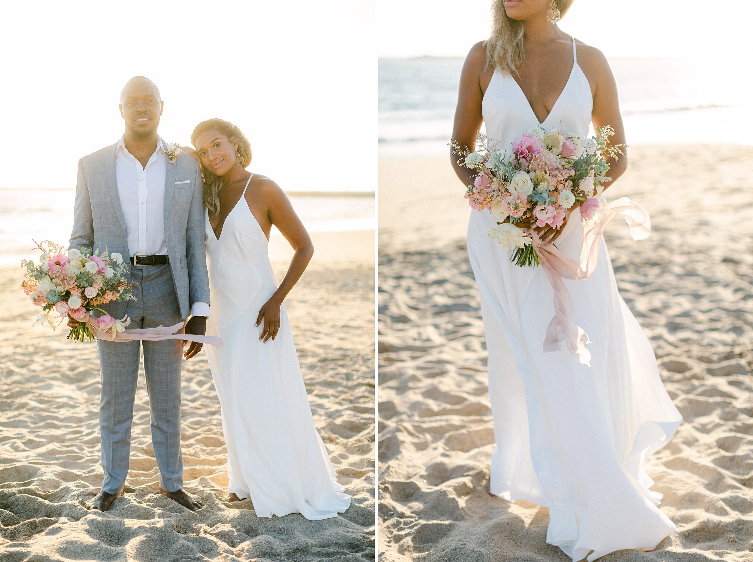 Dreamy beach elopement photos as groom holds bridal bouquet and bride rests her head on grooms shoulder.