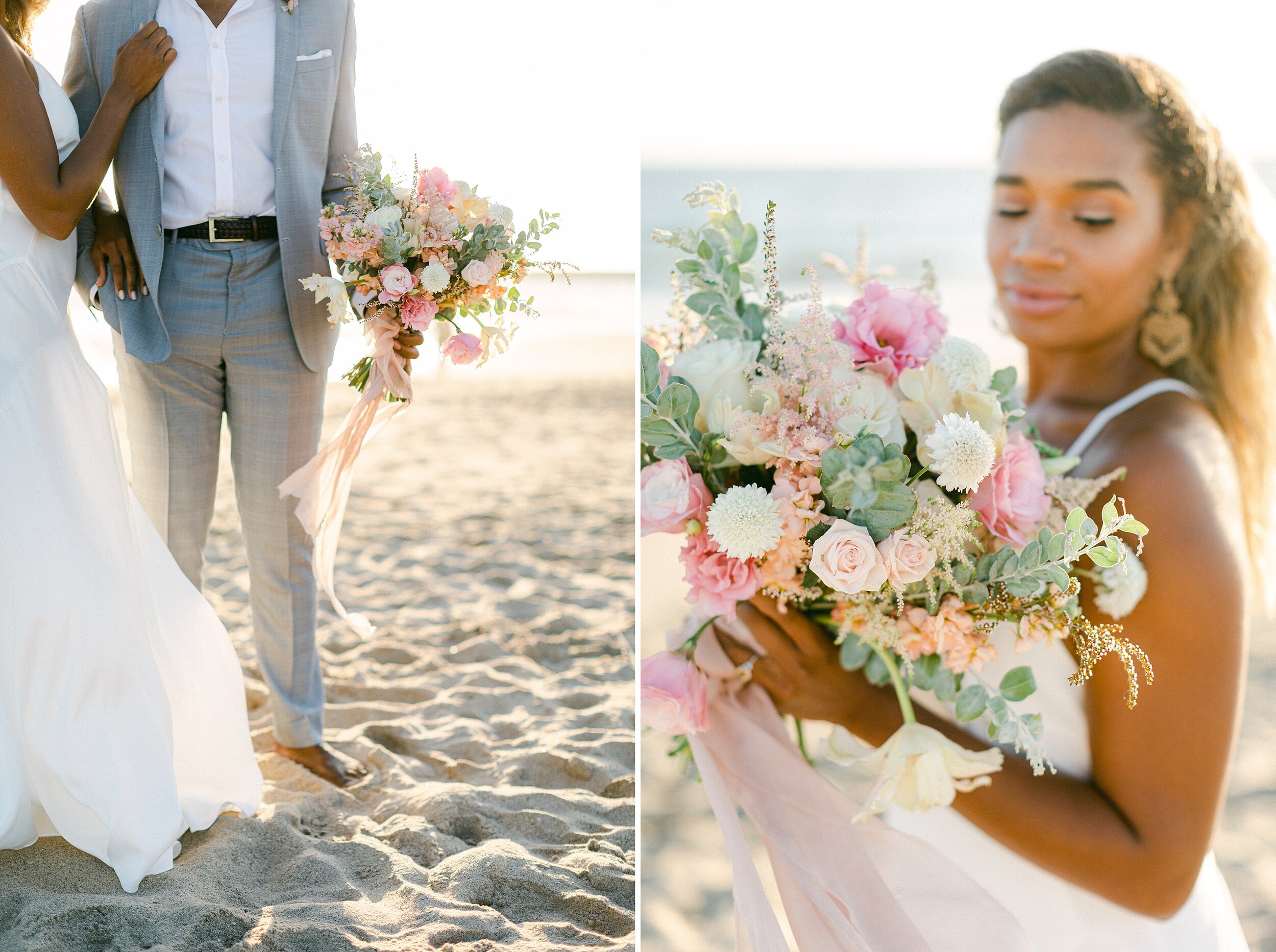 Detail and close up shots of this white, pink and lush bouquet created for an intimate beachside elopement.
