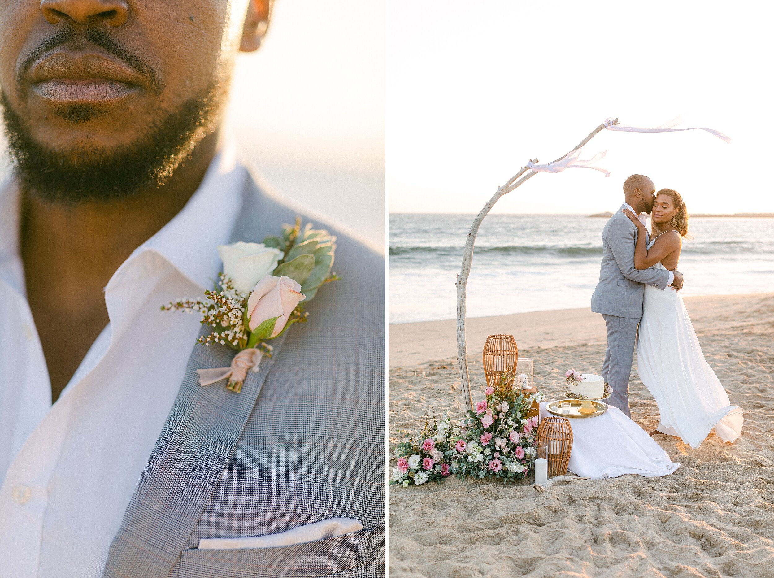 Couple of color take sunset wedding portraits following their romantic beach elopement in Marina Del Rey, CA.  Bride and groom embrace under driftwood arch with silk ribbon