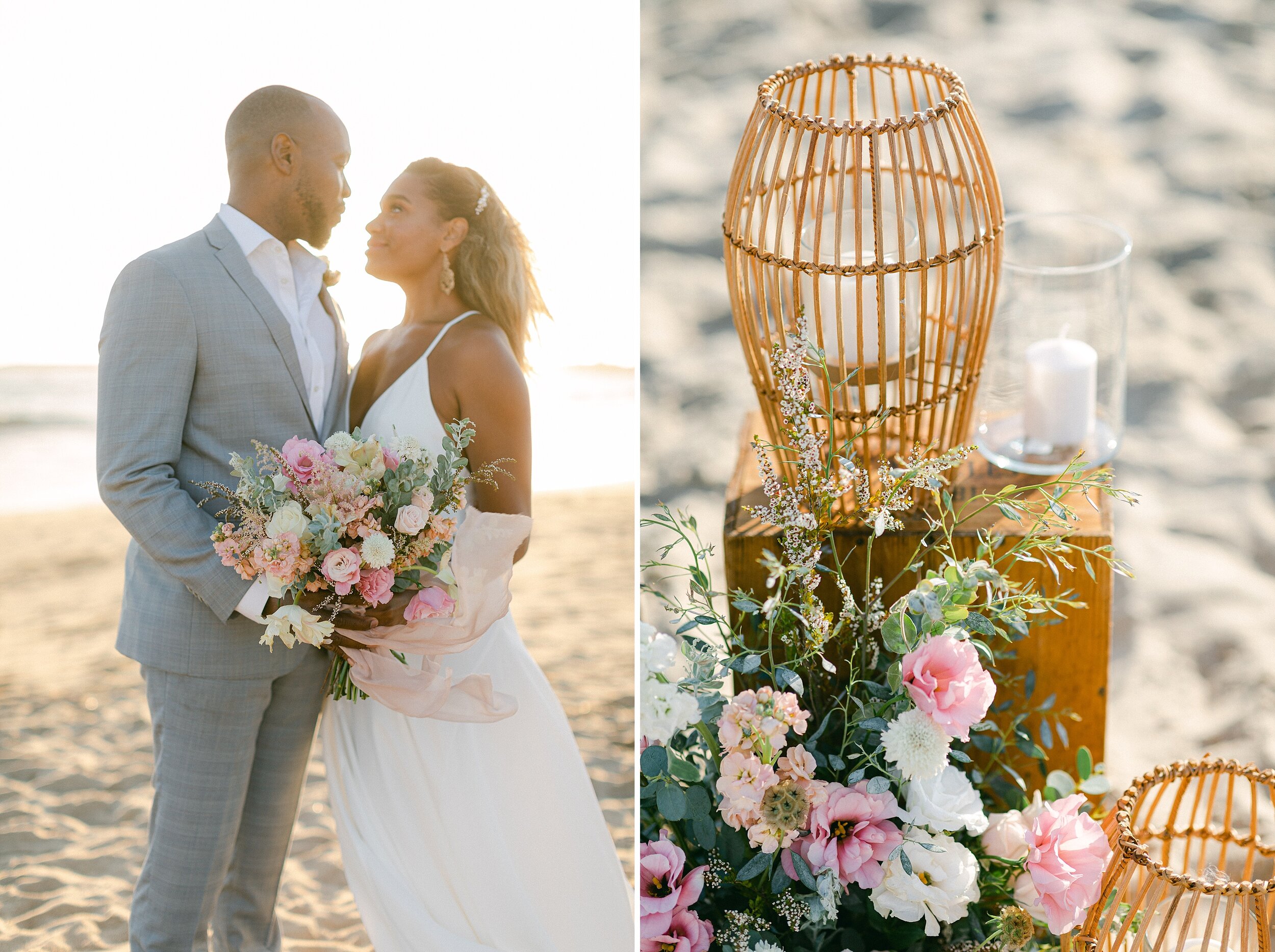 This romantic beachside elopement altar featured large ratan candle holders, white, pink and blush floral arrangements and a driftwood arch with silk ribbons.