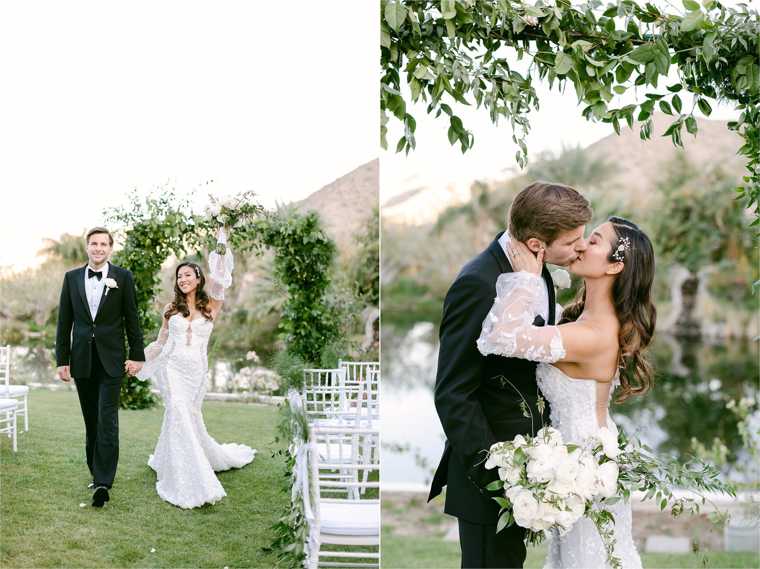 Private estate destination wedding venue in Palm Springs California.  Bride and groom exit ceremony holding hands and celebrating with a kiss.