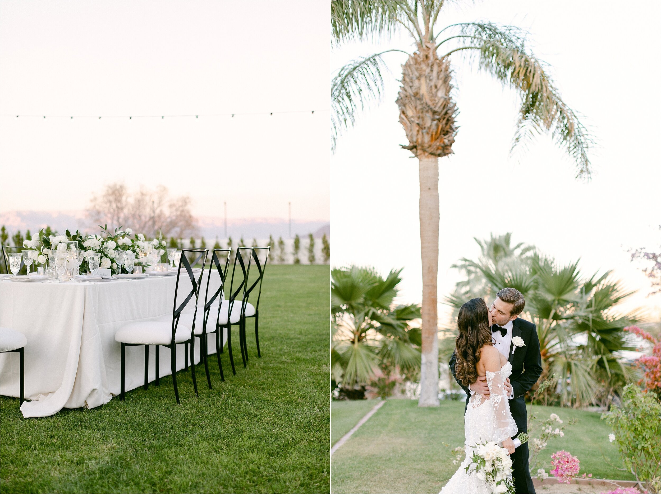 Vibrant Palm Springs Destination Wedding Venue.  Featuring outdoor reception on grass lawn featuring black metal chairs with white cushions, white linens, white florals and crystal glassware.
