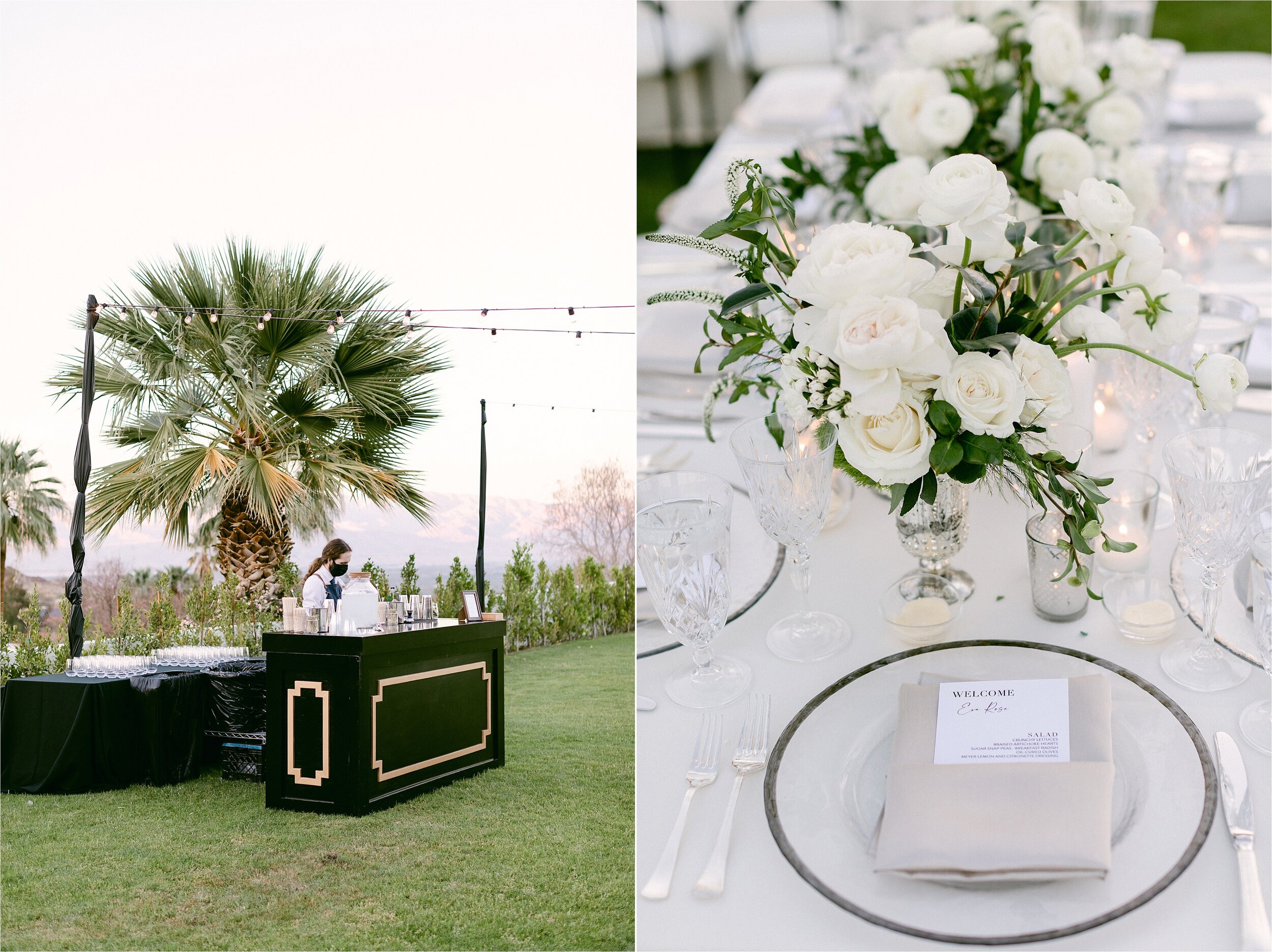 Outdoor wedding reception at a private estate in Palm Springs, CA.  Featuring white floral centerpieces, crystal glassware and white china.