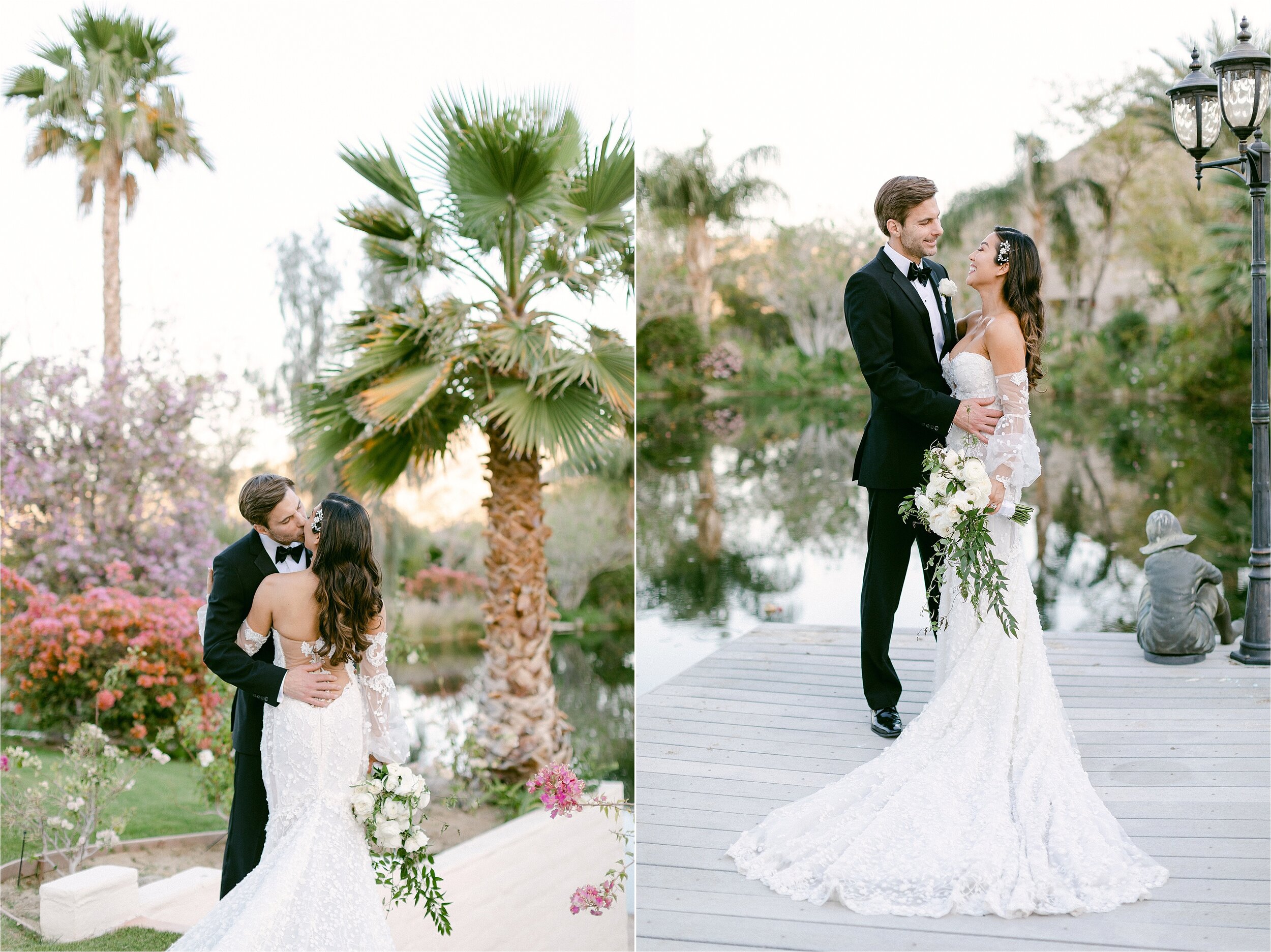 Vibrant Palm Springs destination wedding venue featuring elegant bride and groom surrounded by lush palm trees, pink and purple bougainvillea.