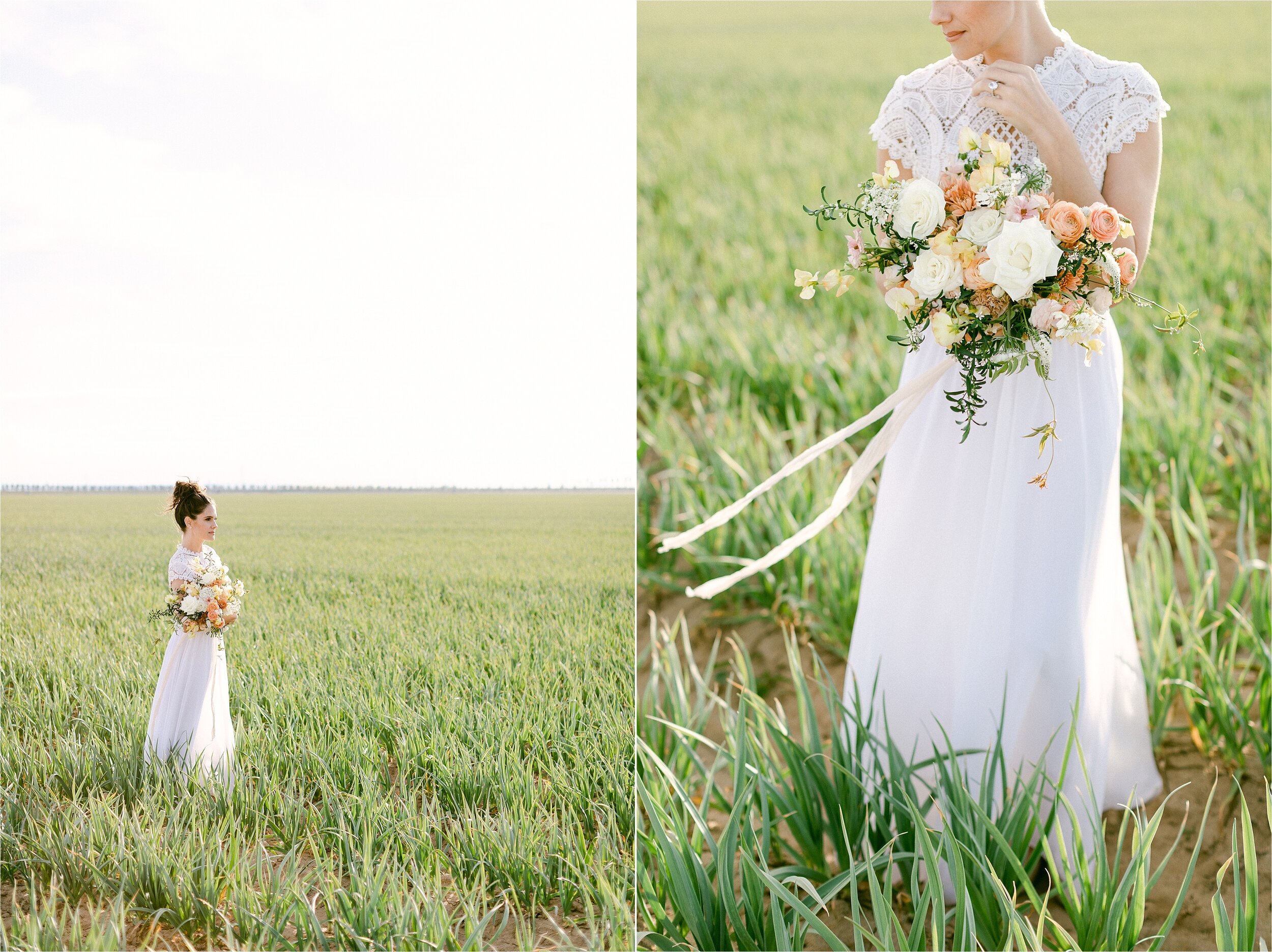 Bride in one of the best photo locations in southern California, with hair in a messy bun and holding peach, yellow and white bouquet with nude silk ribbon flowing in the wind.