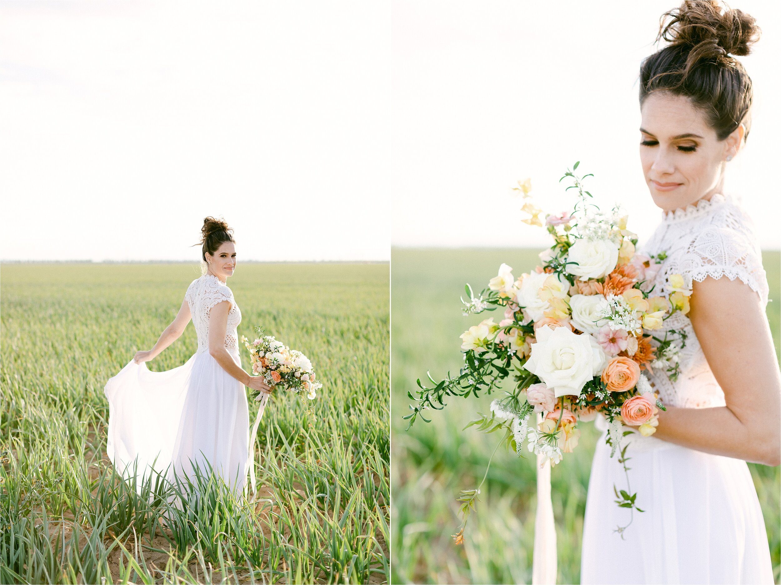 best photo locations in Southern California. green field with bride in flowy dress holding yellow, peach and white bouquet 
