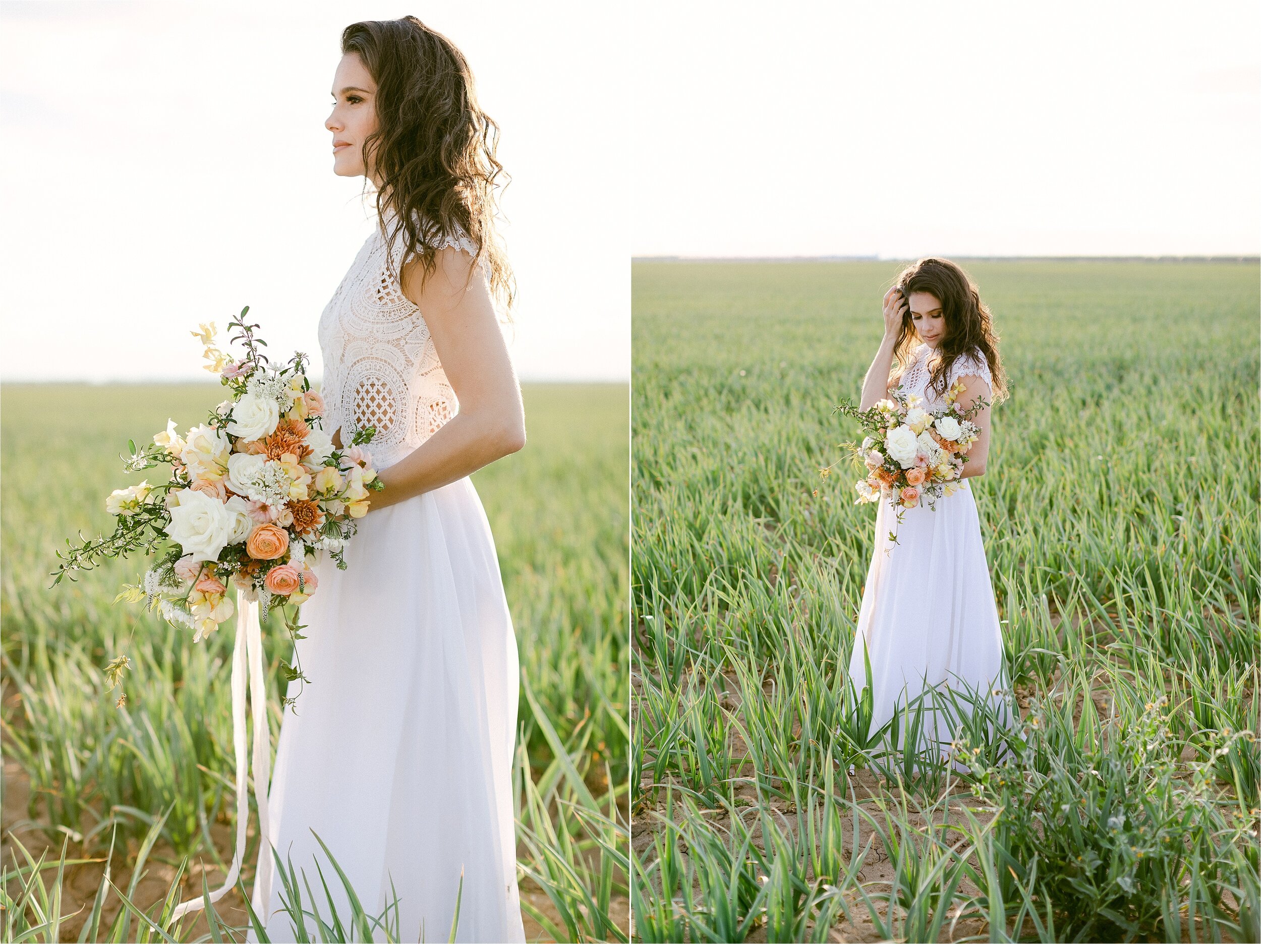 Bridal portrait in field wearing separates featuring a white crocheted lace top and white chiffon skirt.
