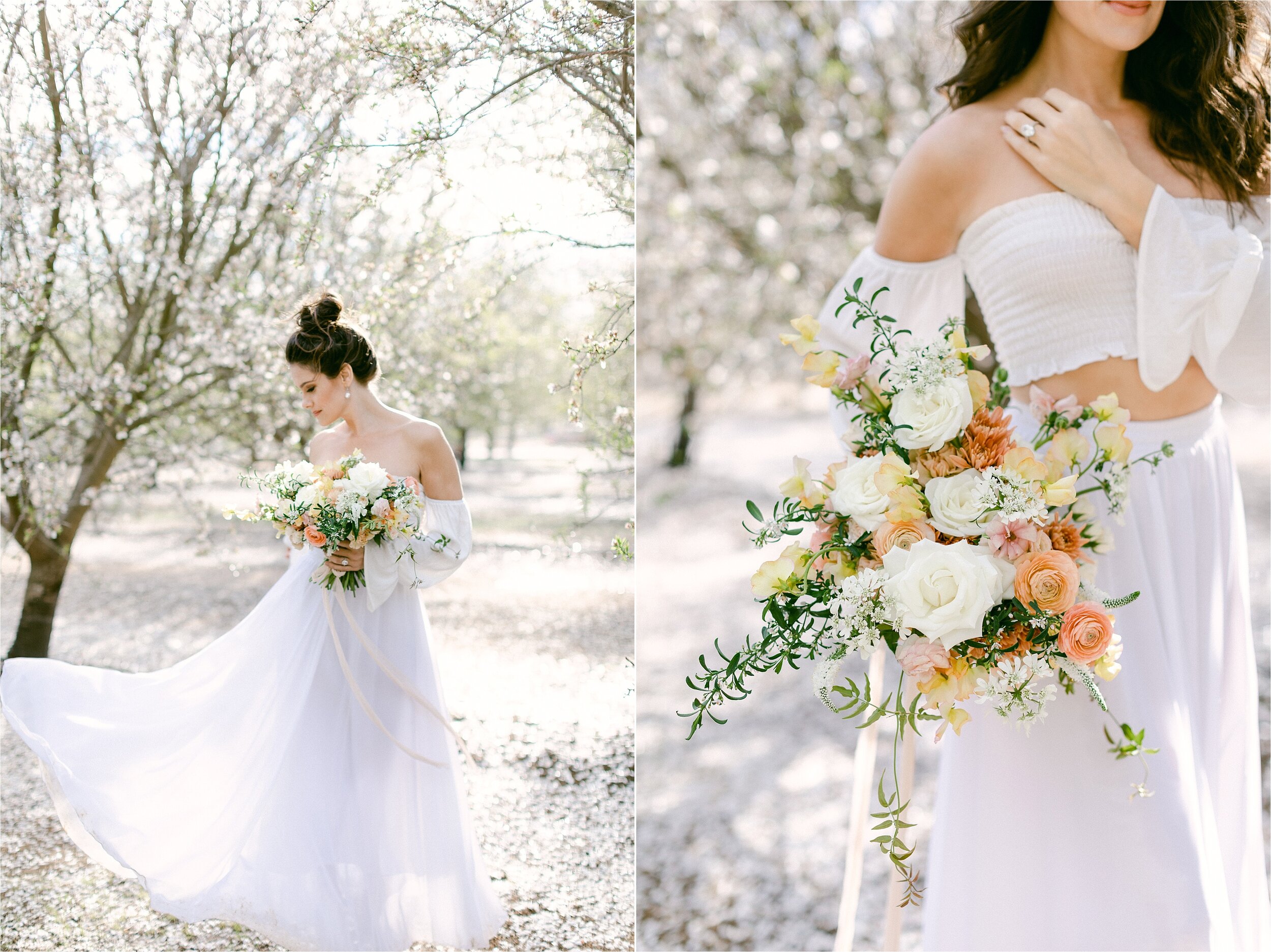 Southern California almond groves provide a dreamy backdrop for bride as she sways in the almond blossom orchard