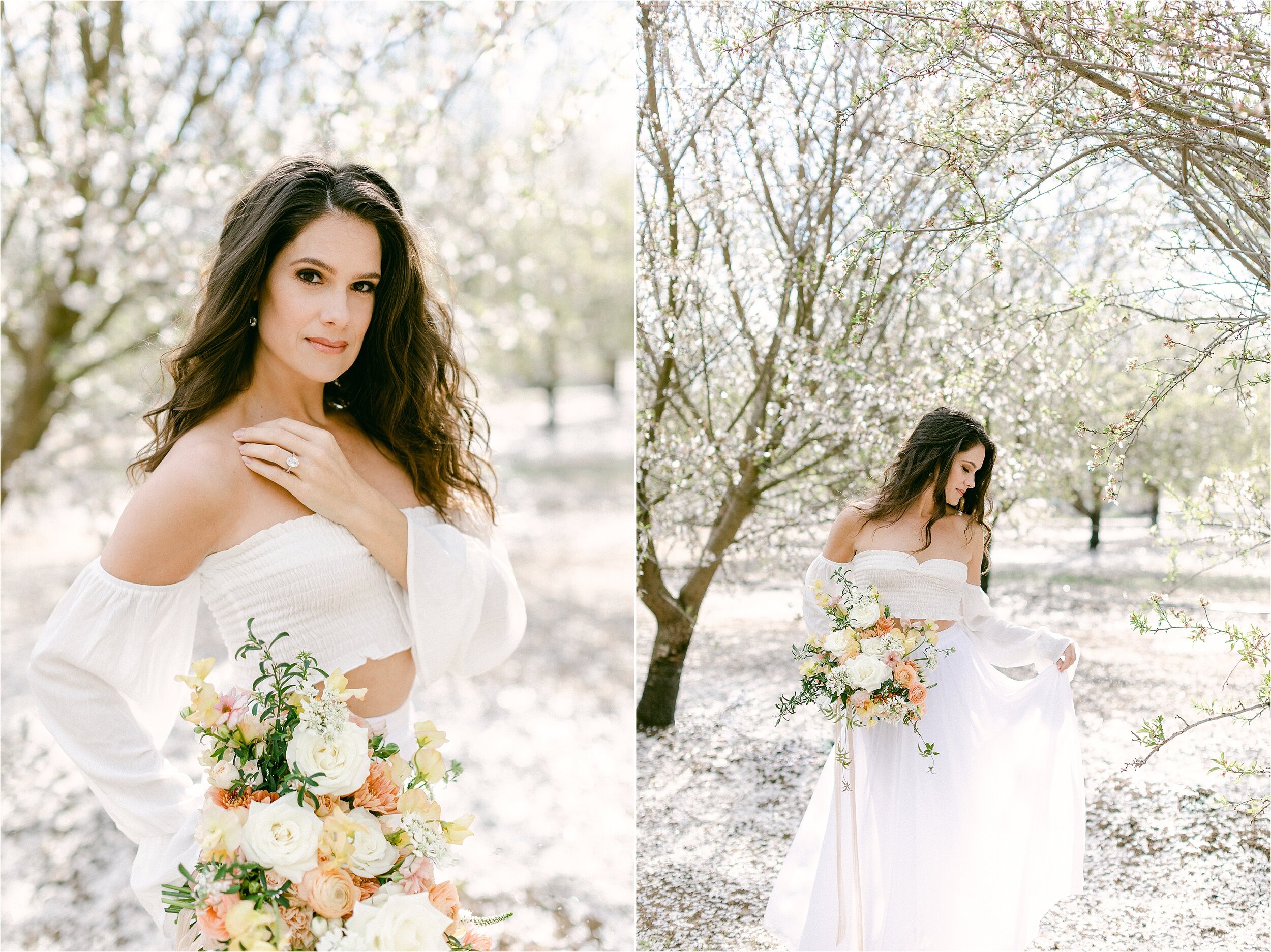 Dreamy almond grove photo location in Southern California. Bride delicately holds skirt as she walks through the almond blossoms