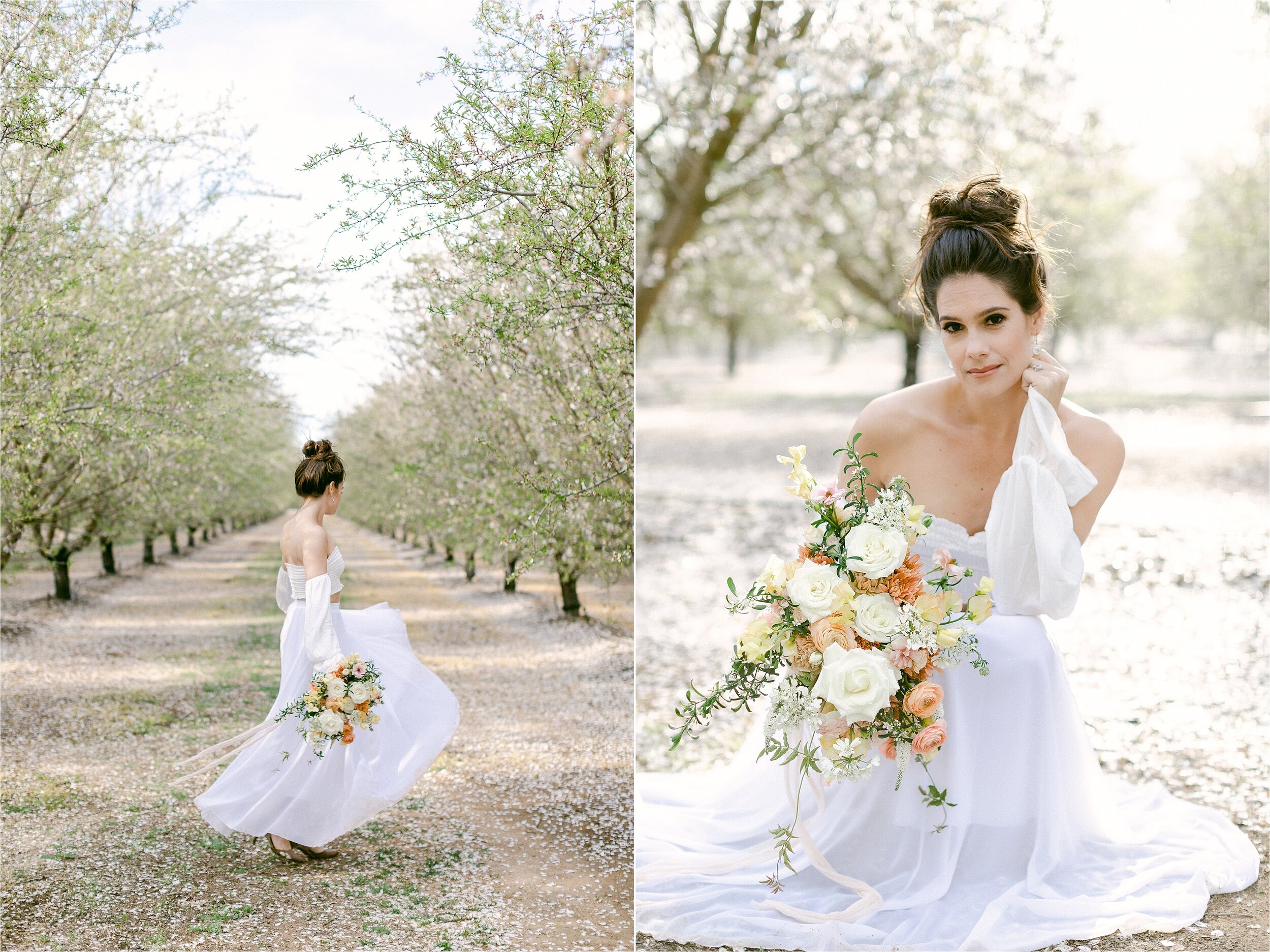 Bride twirling in row of almond groves