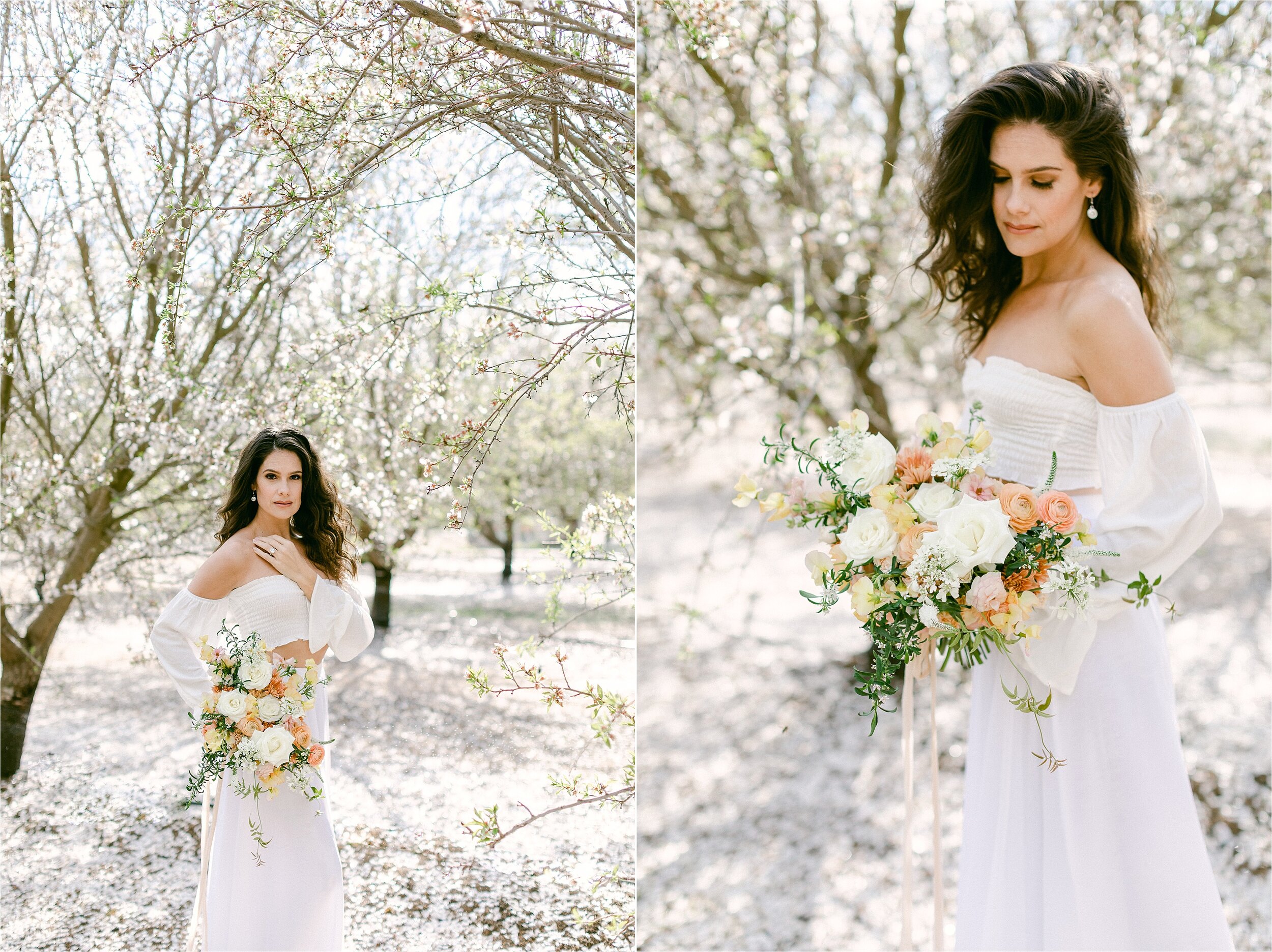 Bride posing in almond groves, one of the best photo locations in Southern California