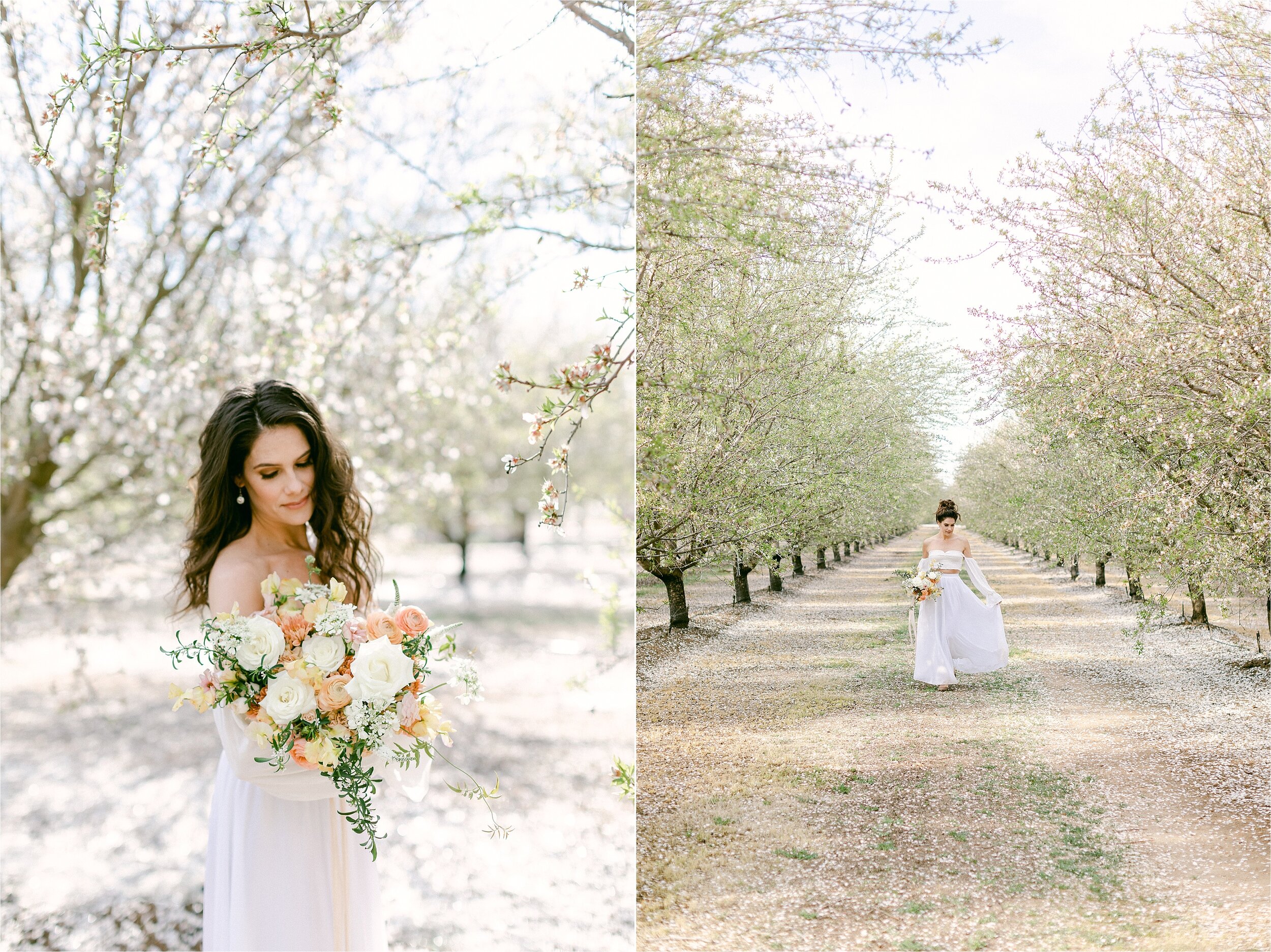 bride walking through rows of almond groves in white flowy wedding separates.