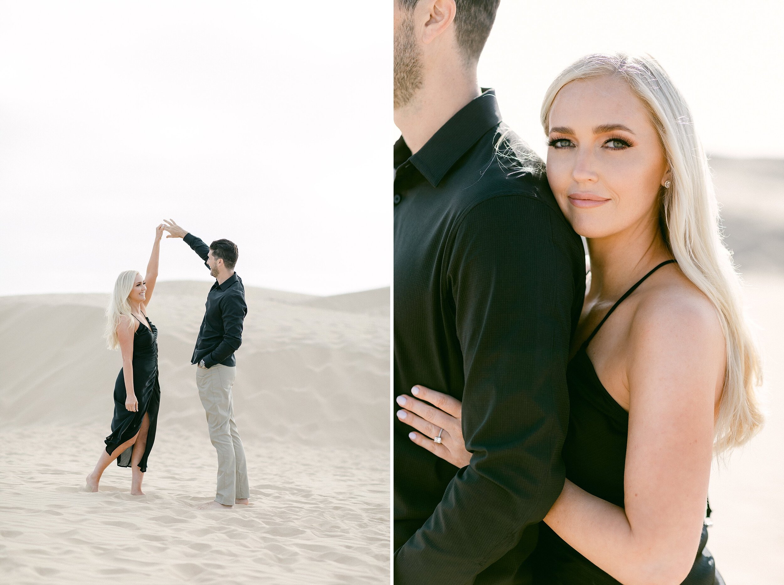Sunset sand dunes engagement photos.  Blonde woman wearing black slip dress twirling while dancing with her fiance who is wearing a black button down shirt and khaki pants.