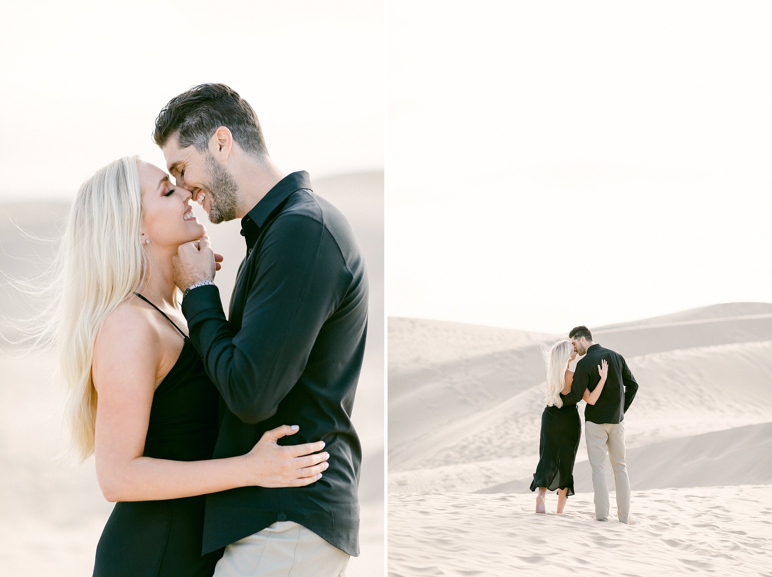 fiances smiling at each other as they are about to kiss during their engagement session at the sand dunes