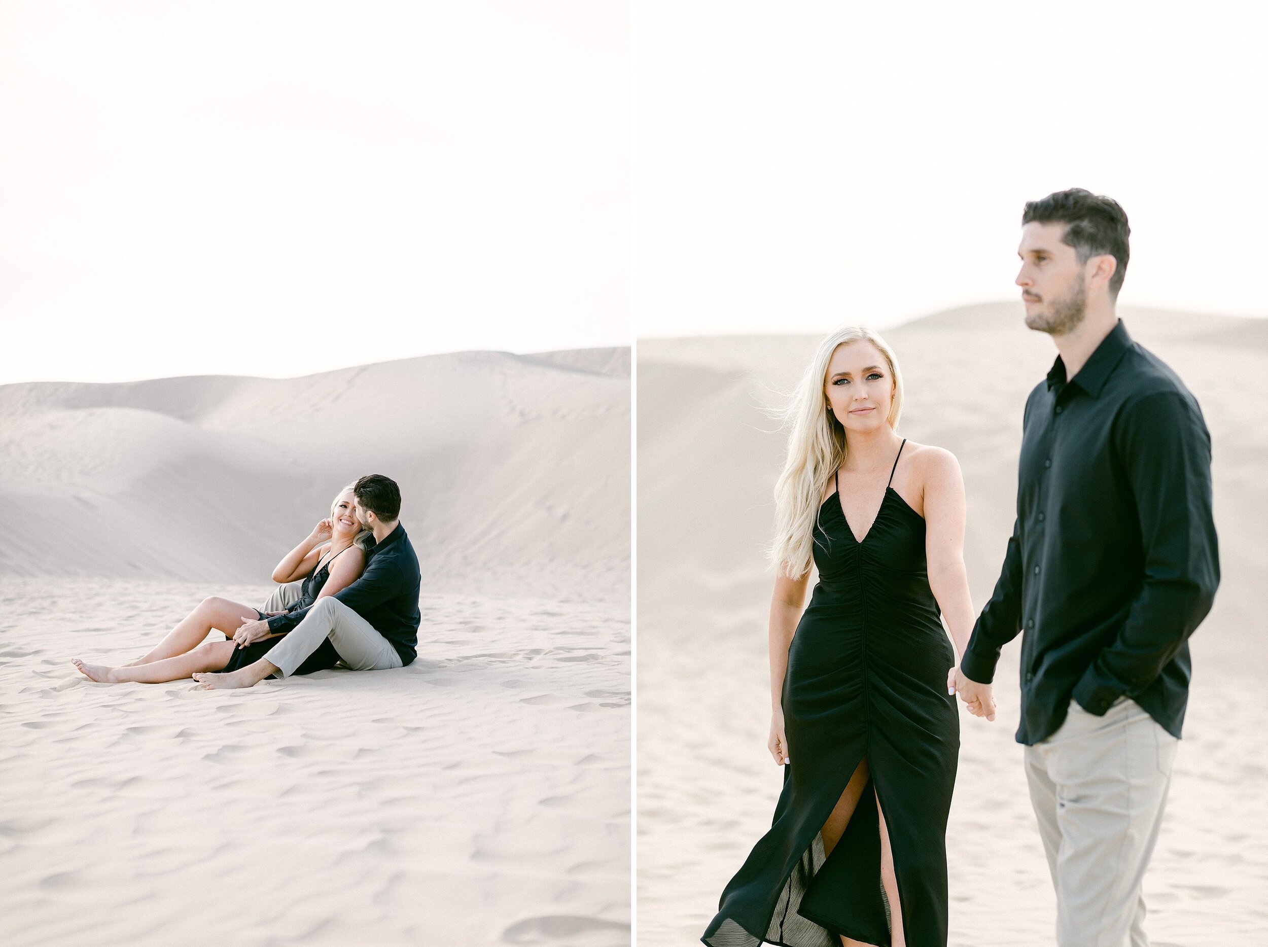 Blonde female looking at the camera, wearing black slip dress holding her fiance's hand who is wearing a black button down and khaki pants during their sand dunes engagement session 