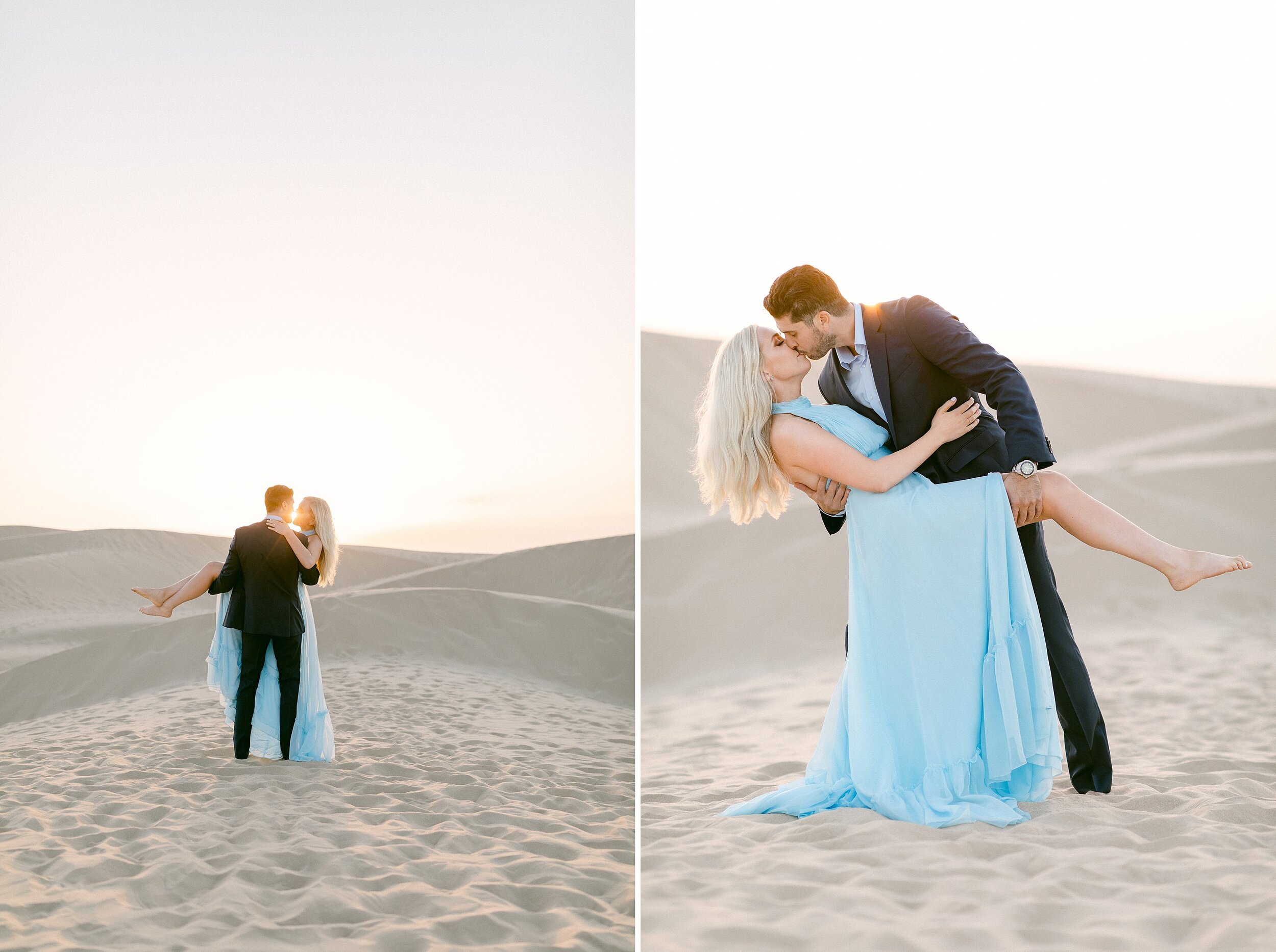 Man carries his fiance off to the sunset during their romantic sand dunes engagement session