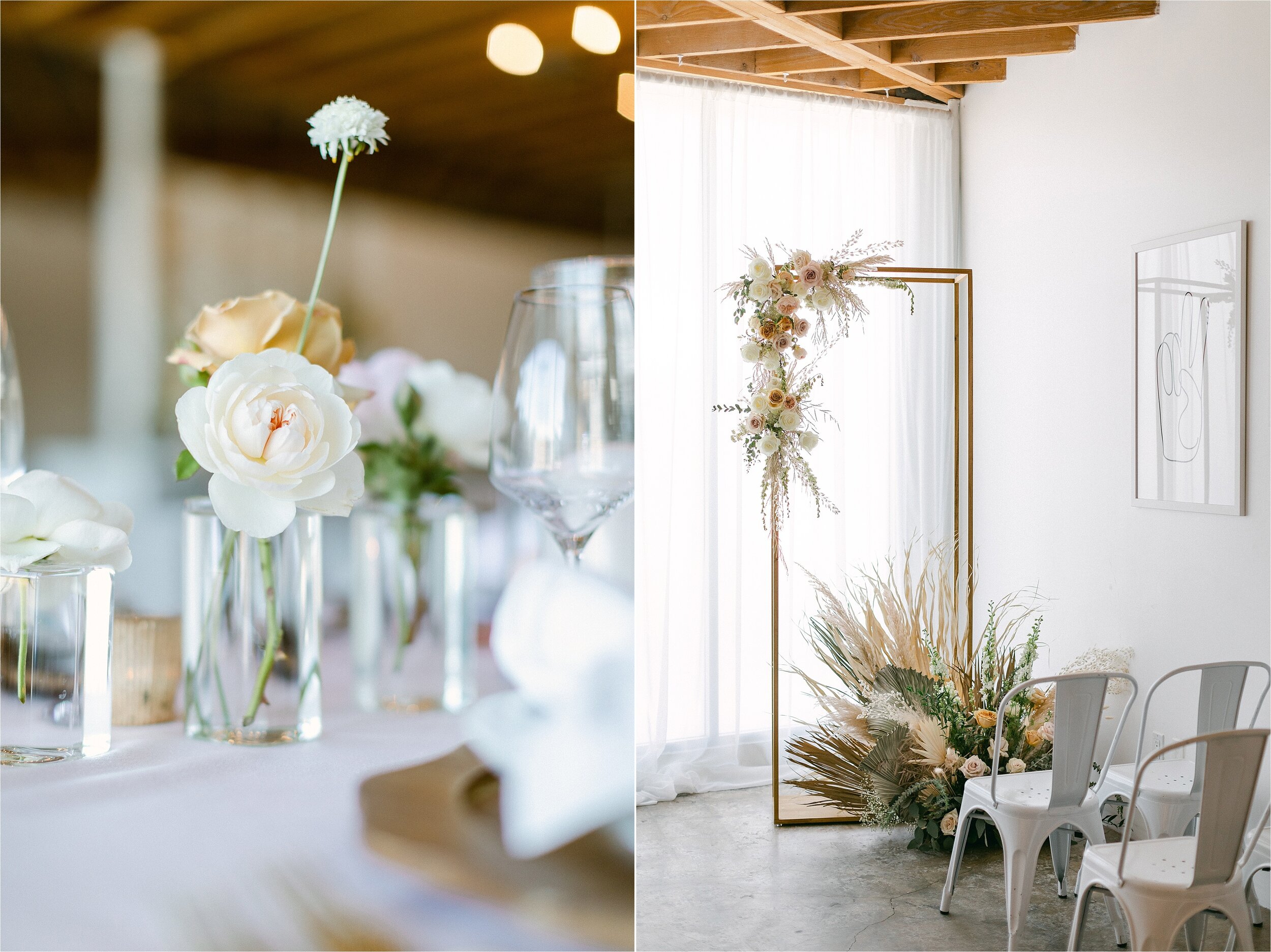White and peach single flowers in bud vase, showcasing minimalistic reception tablescape at neutral toned micro wedding