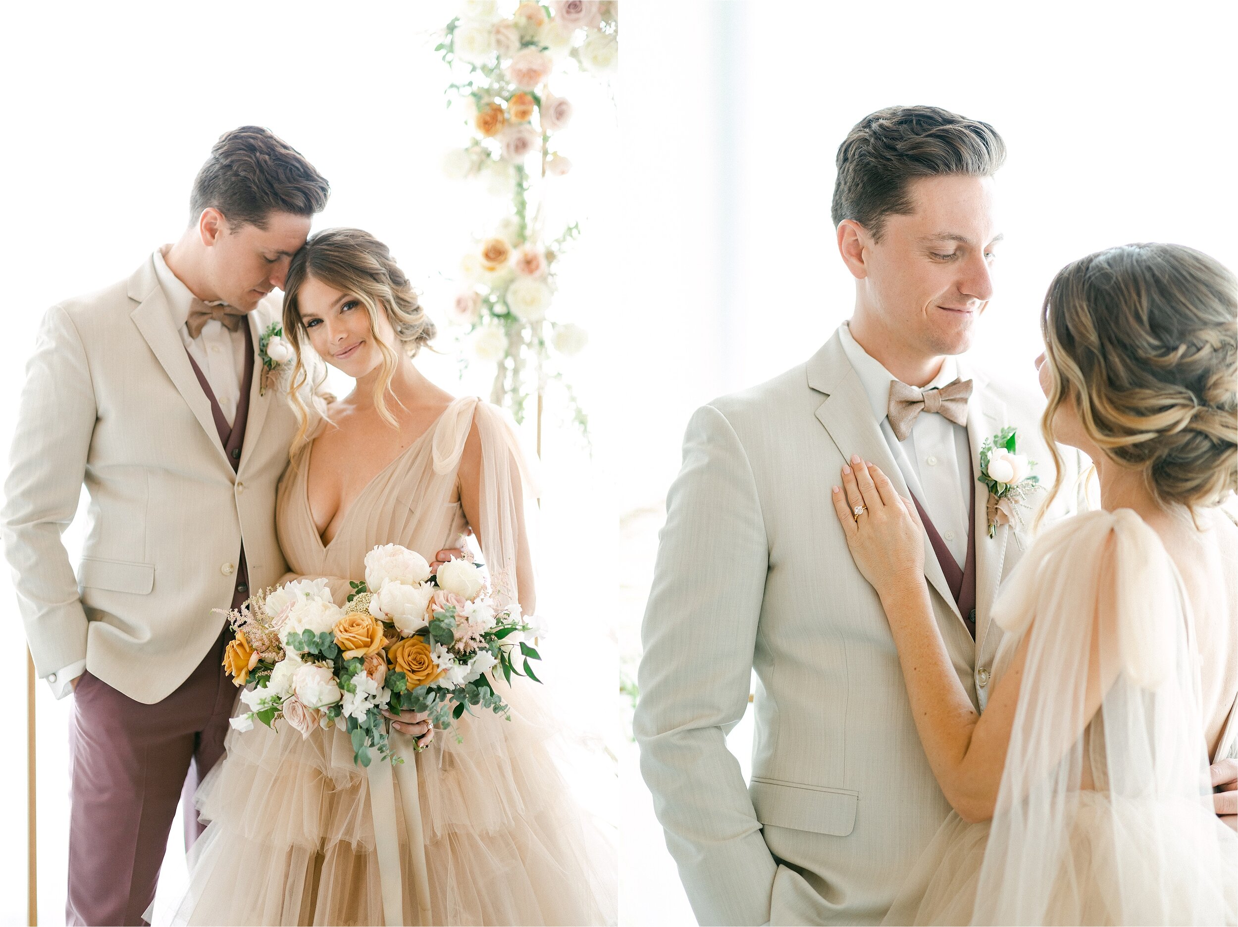 Intimate elopement featuring a neutral toned bouquet and a nude colored, layered tulle ball gown.