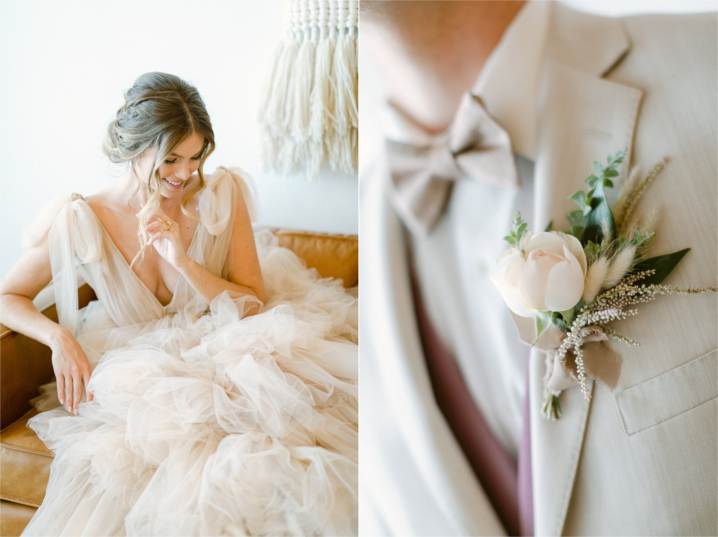 Neutral toned micro wedding details.  Image on left shows bride in nude tulle gown sitting on leather couch, smiling down at her gown.  Image on the right shows groom's cream colored boutonnière 
